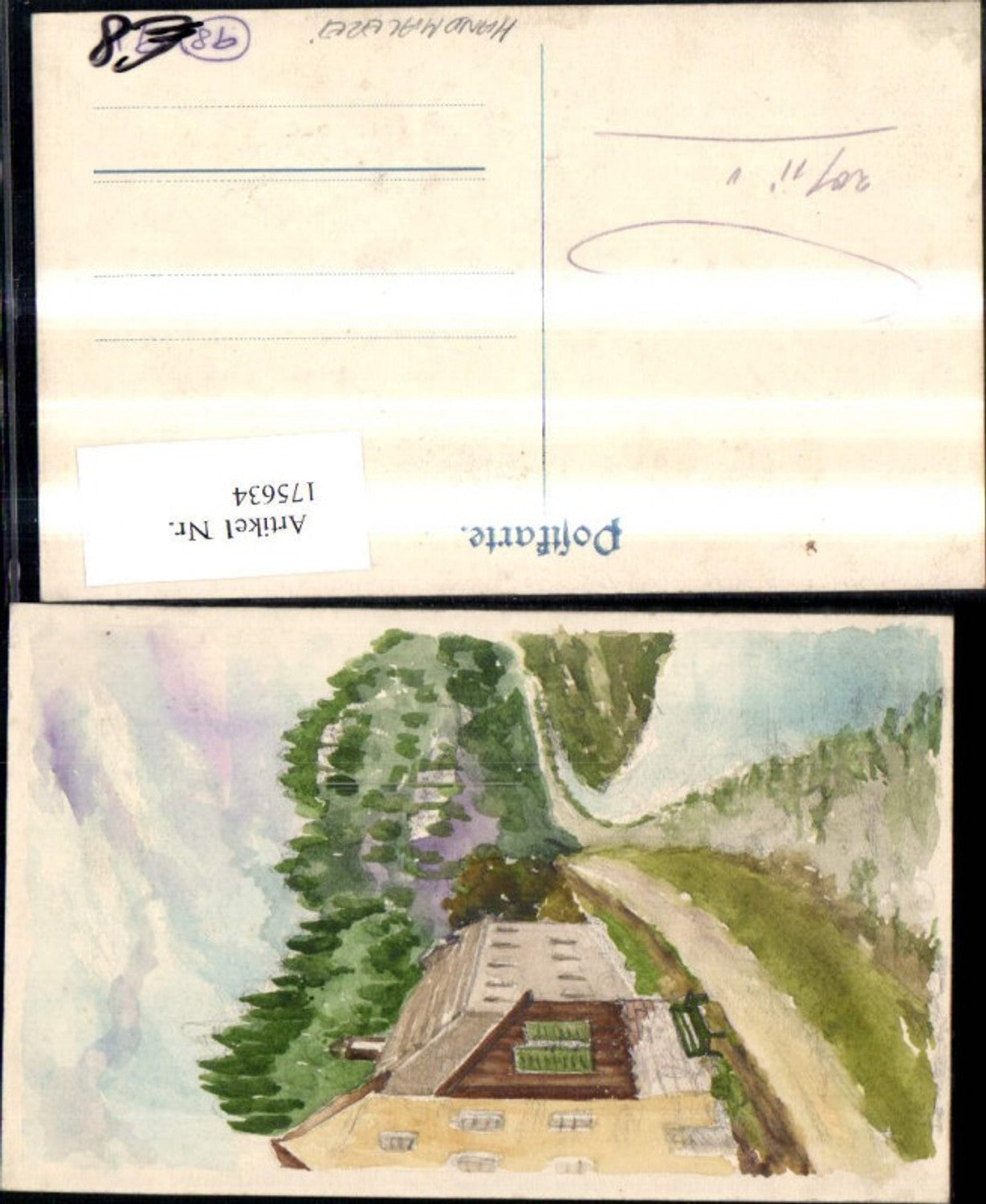 175634,Künstlerkarte Handgemalt Dorfstrasse m. Fluss