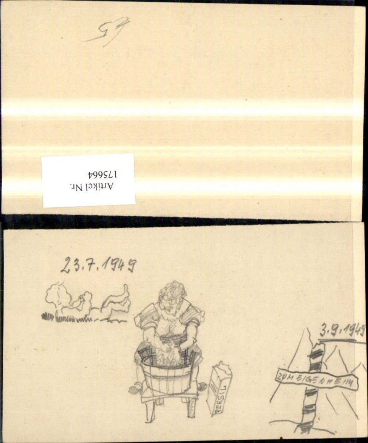 175664,Künstlerkarte Handgemalt Bleistift Frau b. Wäschewaschen Persil Wegweiser Eigenheim