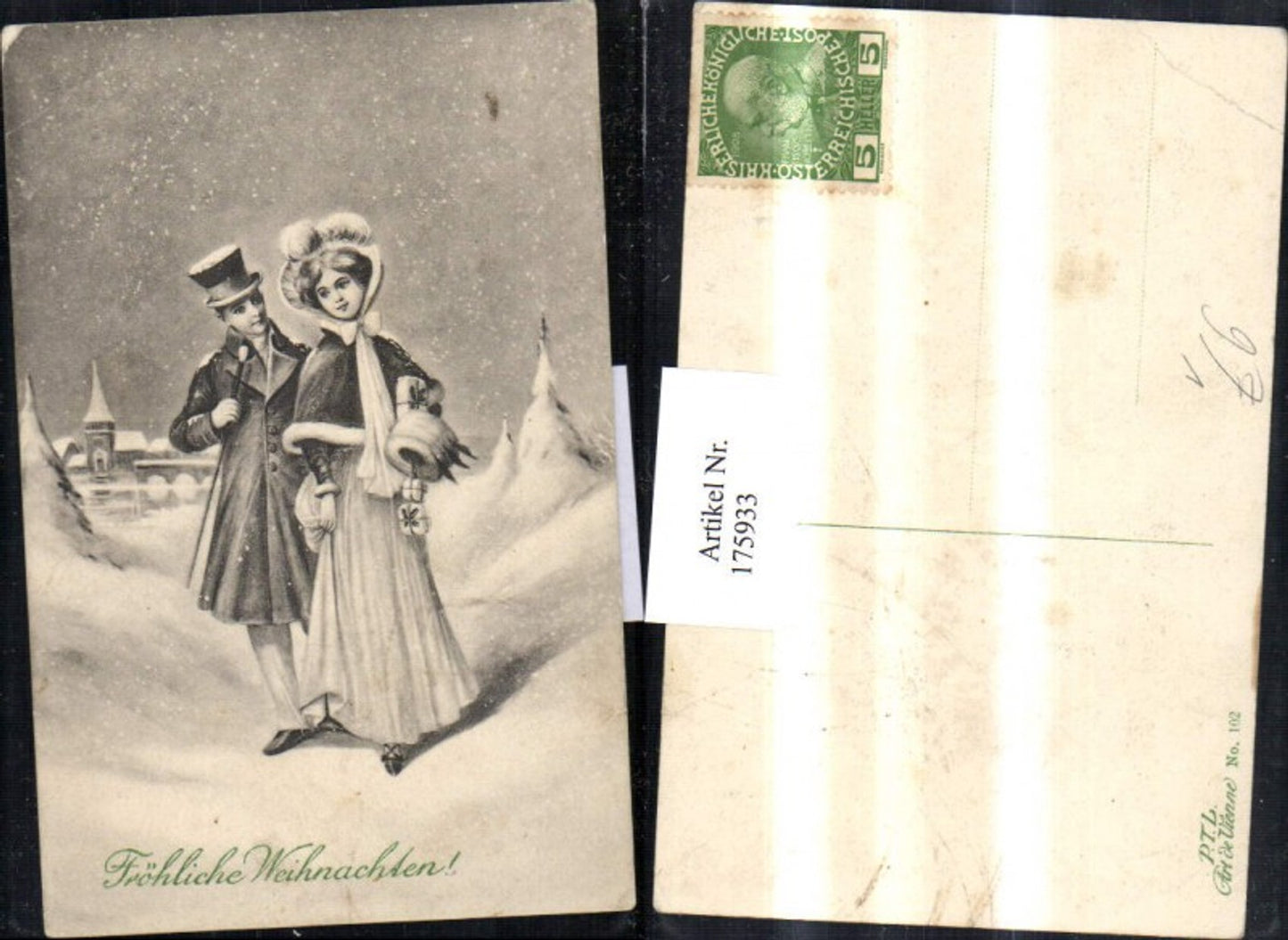 175933, Christmas Man with top hat, coat, walking stick Woman with bonnet, dress Winter landscape pub PTL 102