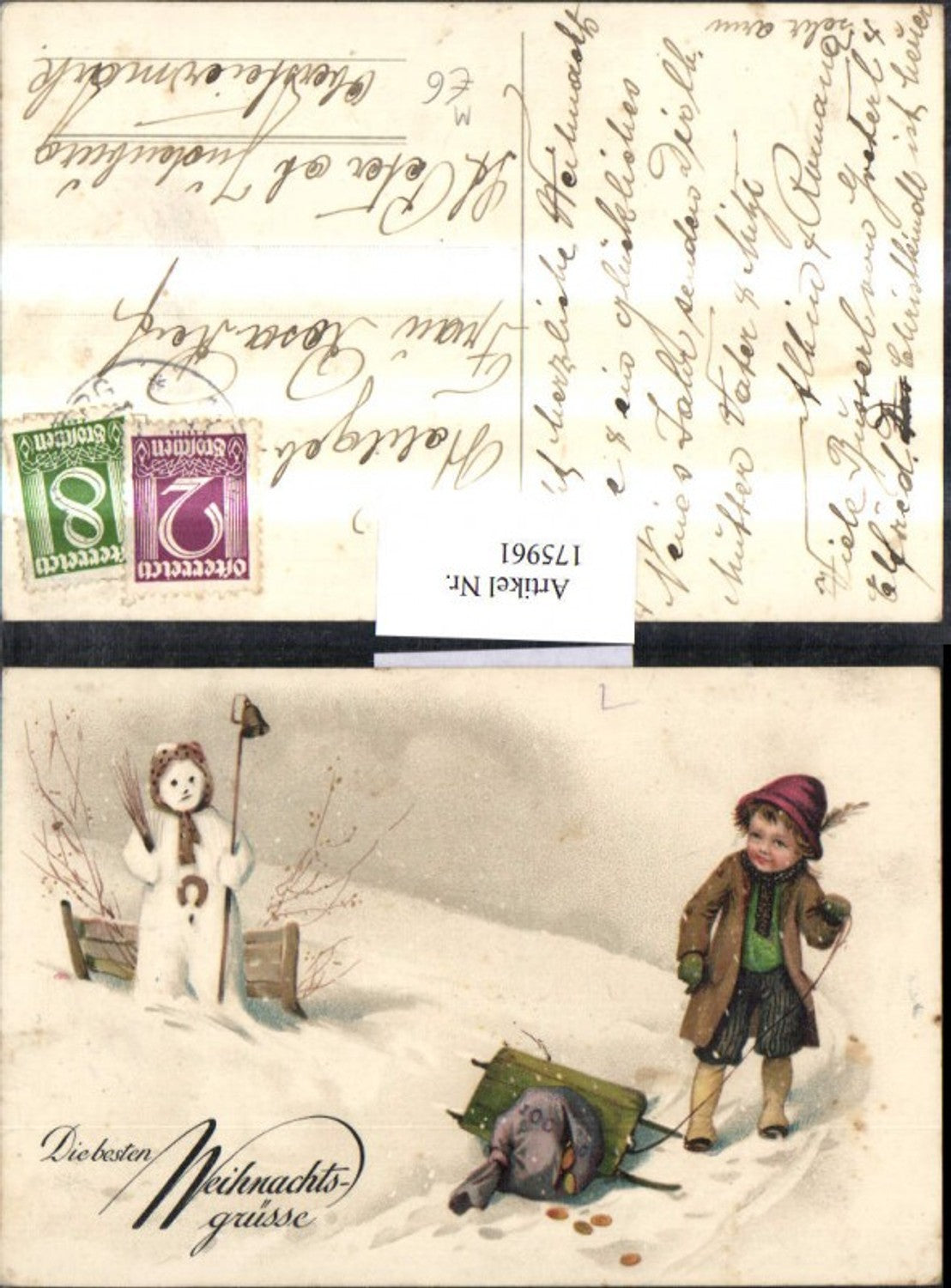 175961, Christmas Child with Sleigh, Gold Sack, Coins, Snowman, Horseshoe