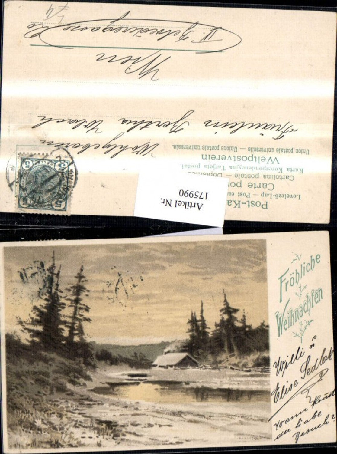 175990, Christmas Lithograph Postcard Winter Landscape