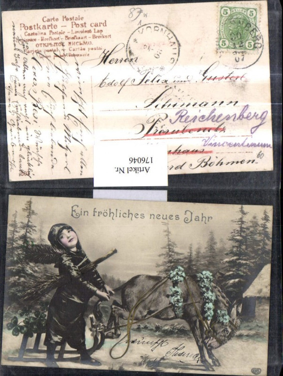 176046,Neujahr Kind a. Rauchfangkehrer Schornsteinfeger Schlitten Esel Kleeblätter Klee pub EAS