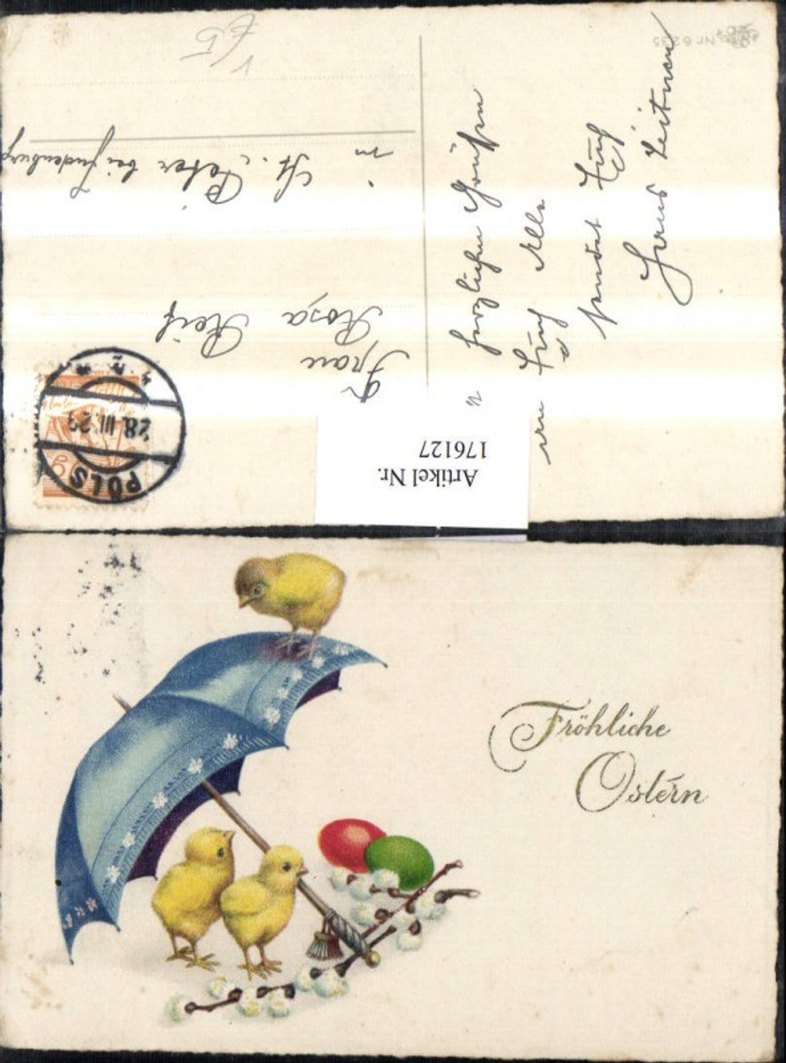176127,Ostern Küken m. Schirm bunte Ostereier Palmzweig pub Erika 6235