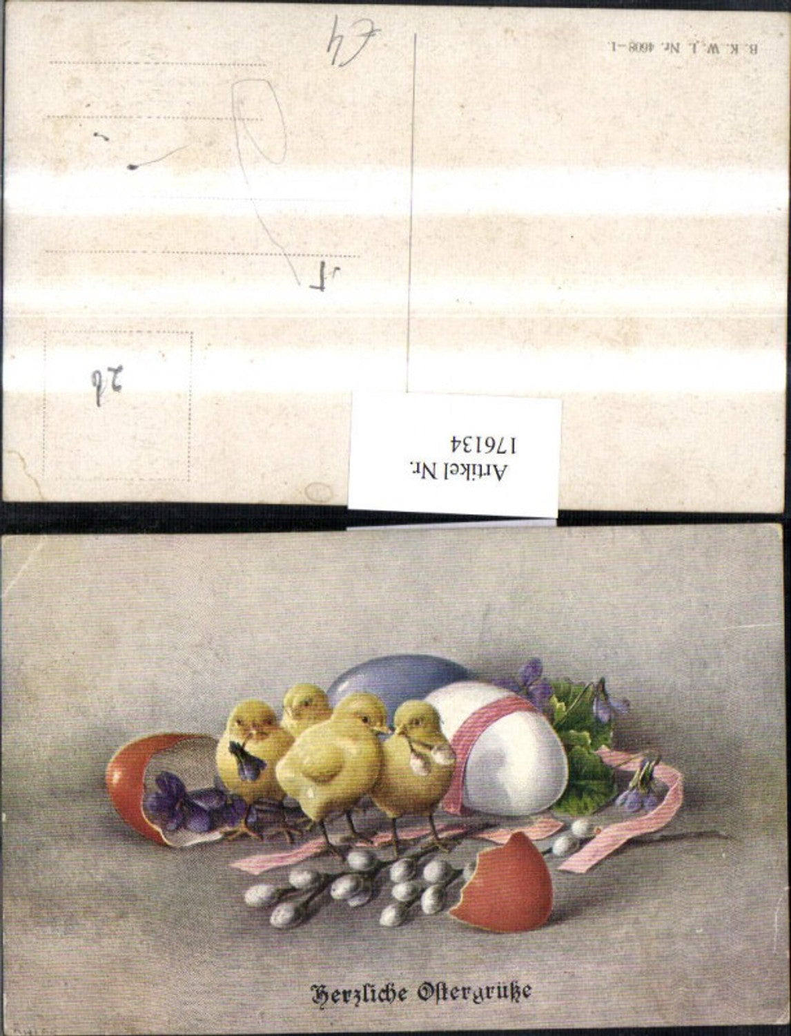 176134, Easter chicks Easter eggs palm branches ribbon violets