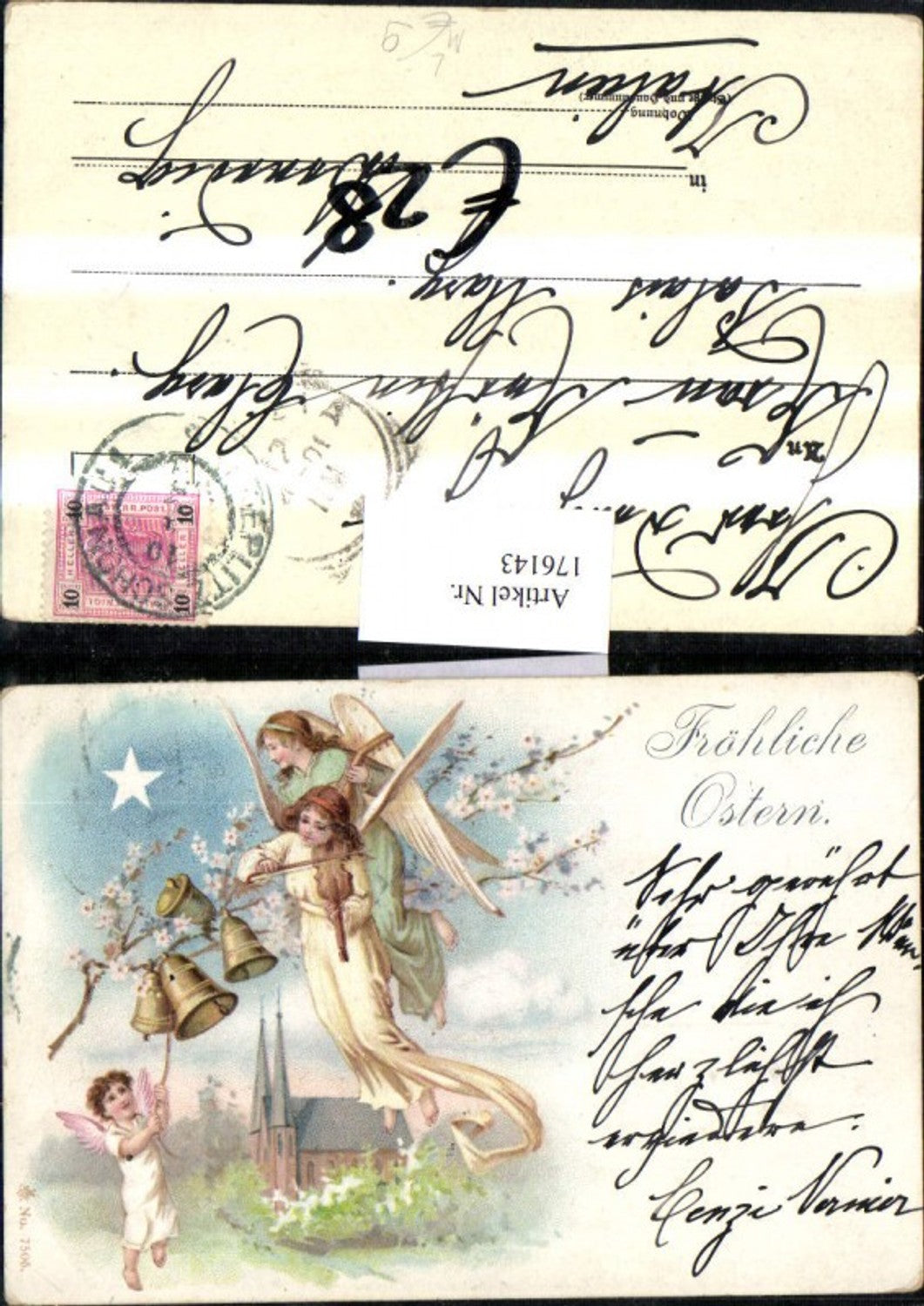 176143, Easter Lithograph AK Angel Violin Bells Branches Star Church