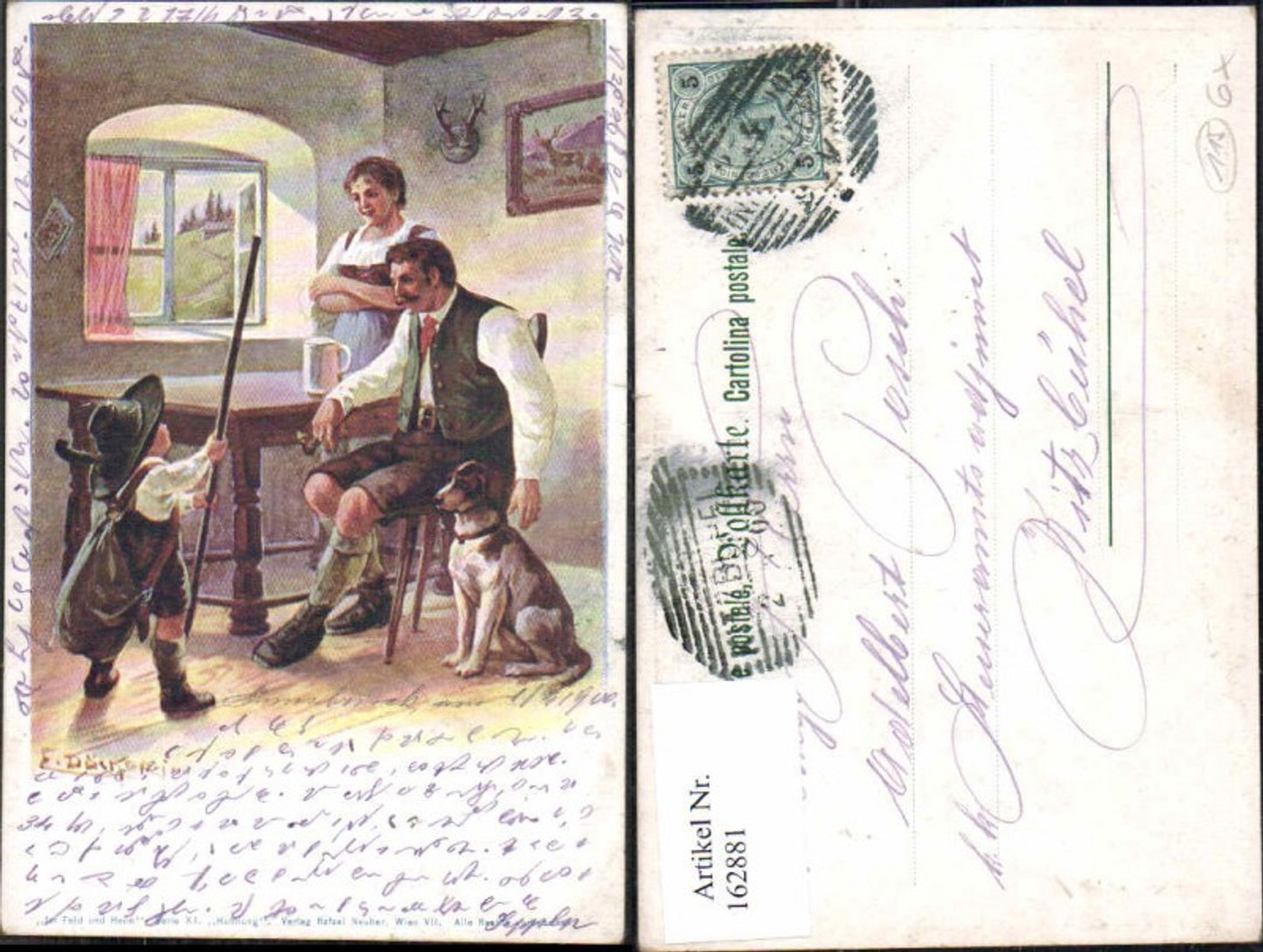 162881,Künstler AK E. Döcker jun. Ser 11 Im Feld u. Heim Hund Bier Litho