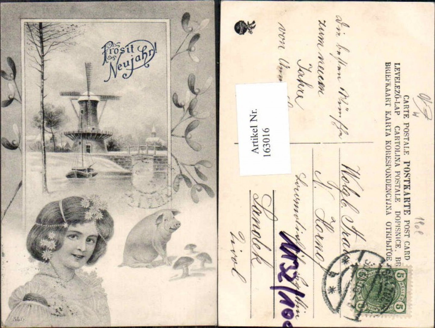 163016,Künstler AK Art Nouveau Jugendstil Frau Windmühle Ferkel