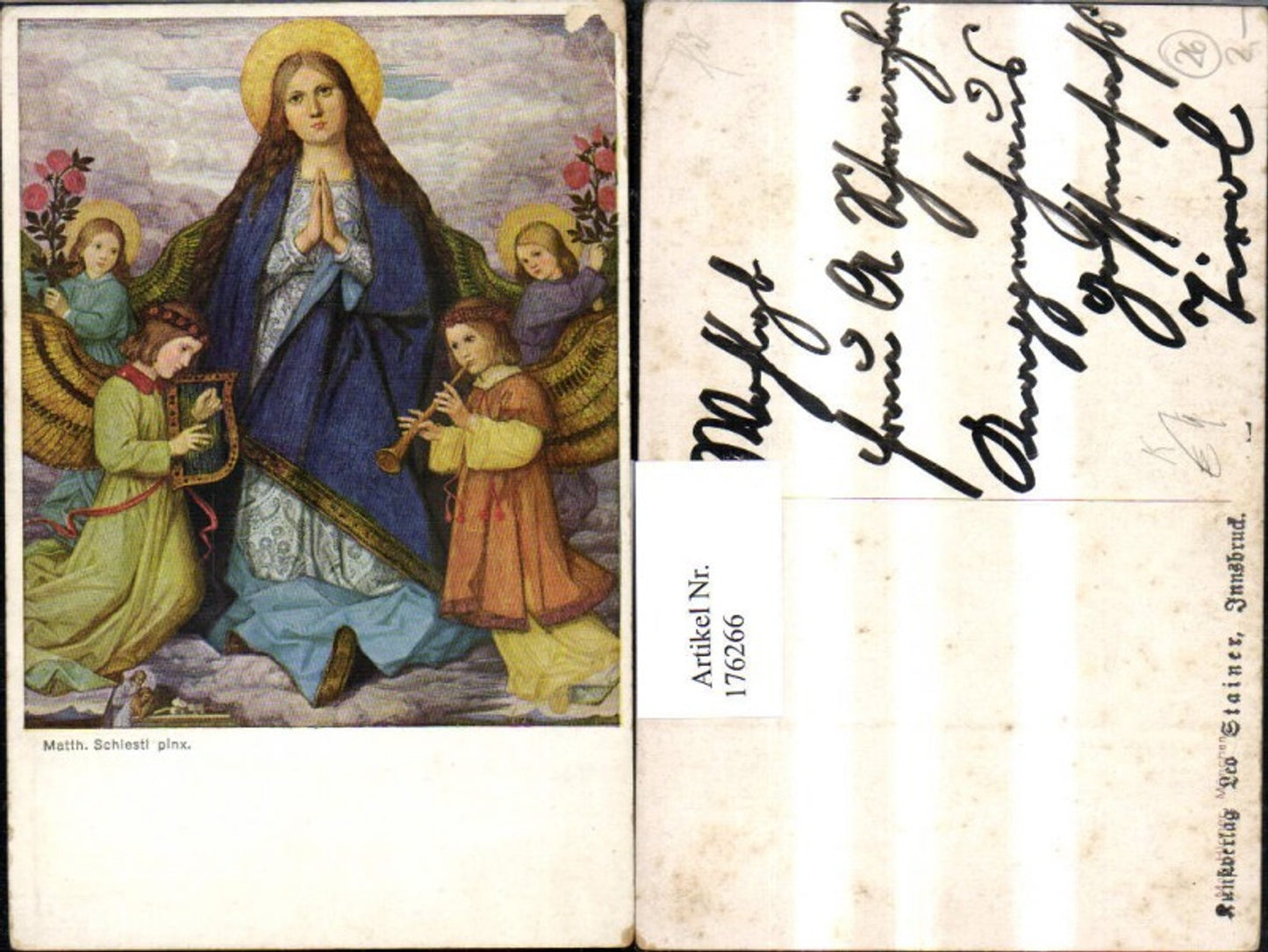 176266,Künstler AK sign. Schiestl Maria Heiligenschein Beten Engel Harfe Tröte