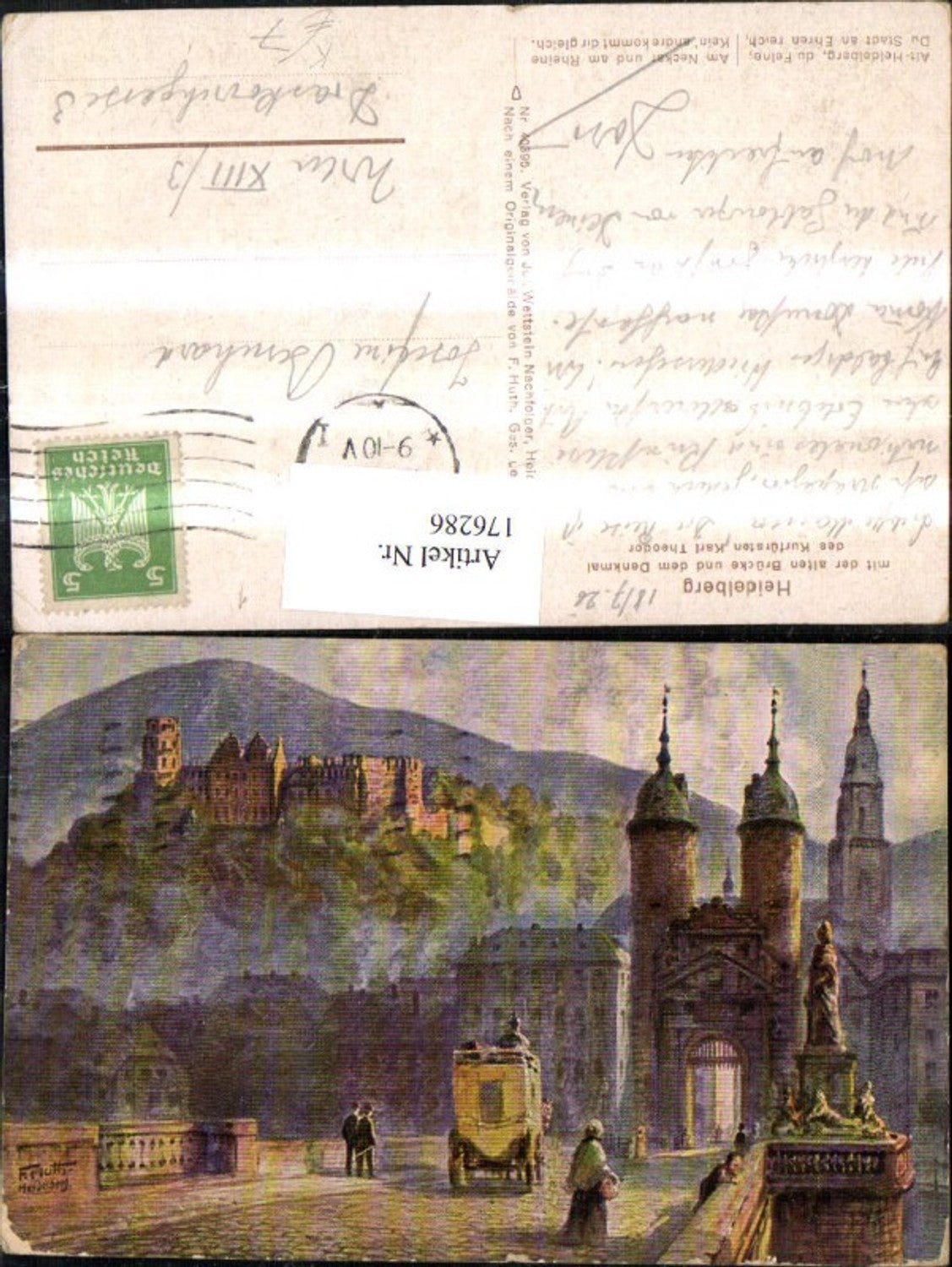 176286,Künstler AK sign. F. Huth Heidelberg Straßenansicht m. d. Alten Brücke Denkmal d. Kurfürsten Karl Theodor