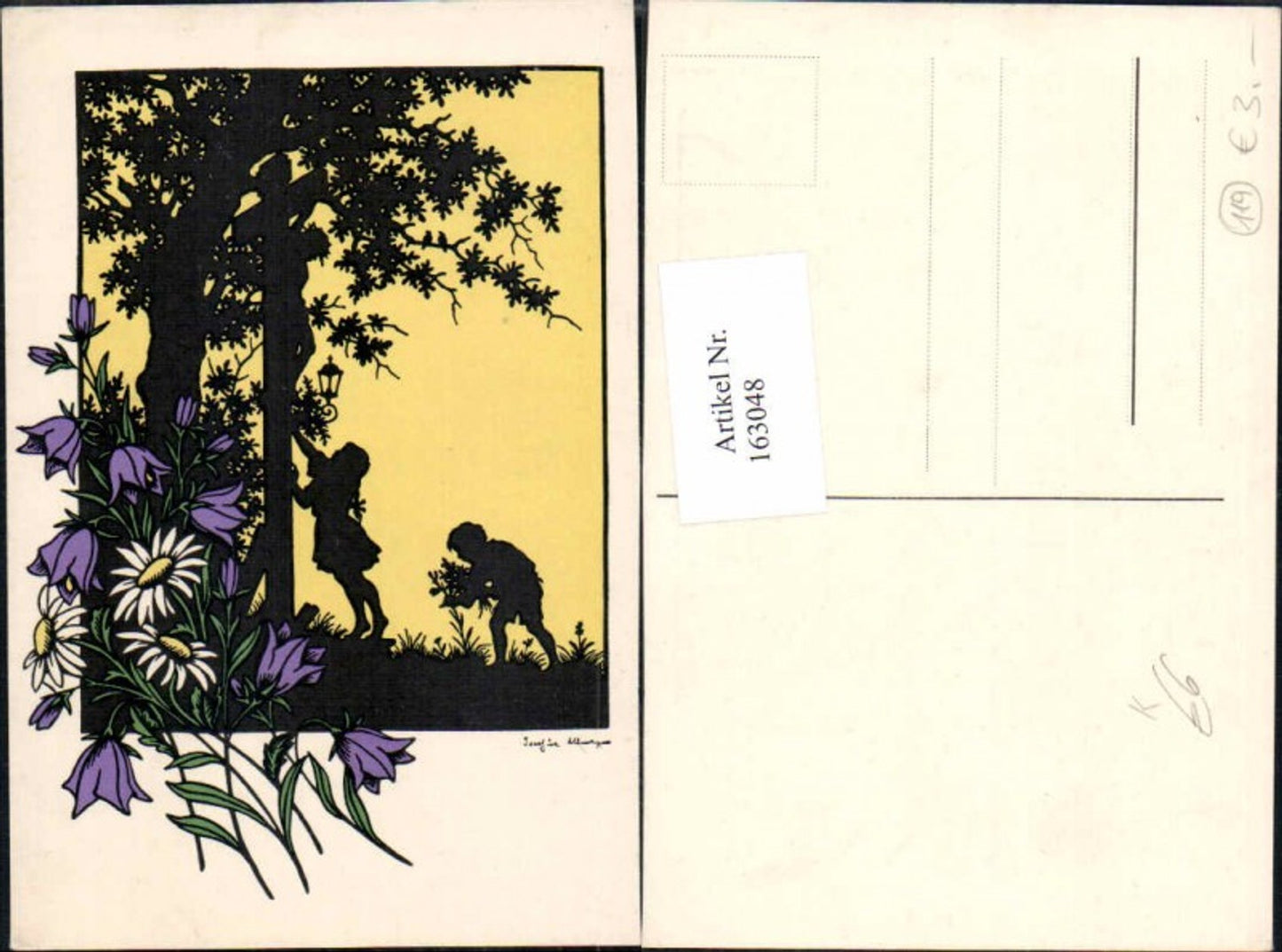 163048,Künstler AK Josefine Allmayer Scherenschnitt Silhouette KInder Blumen