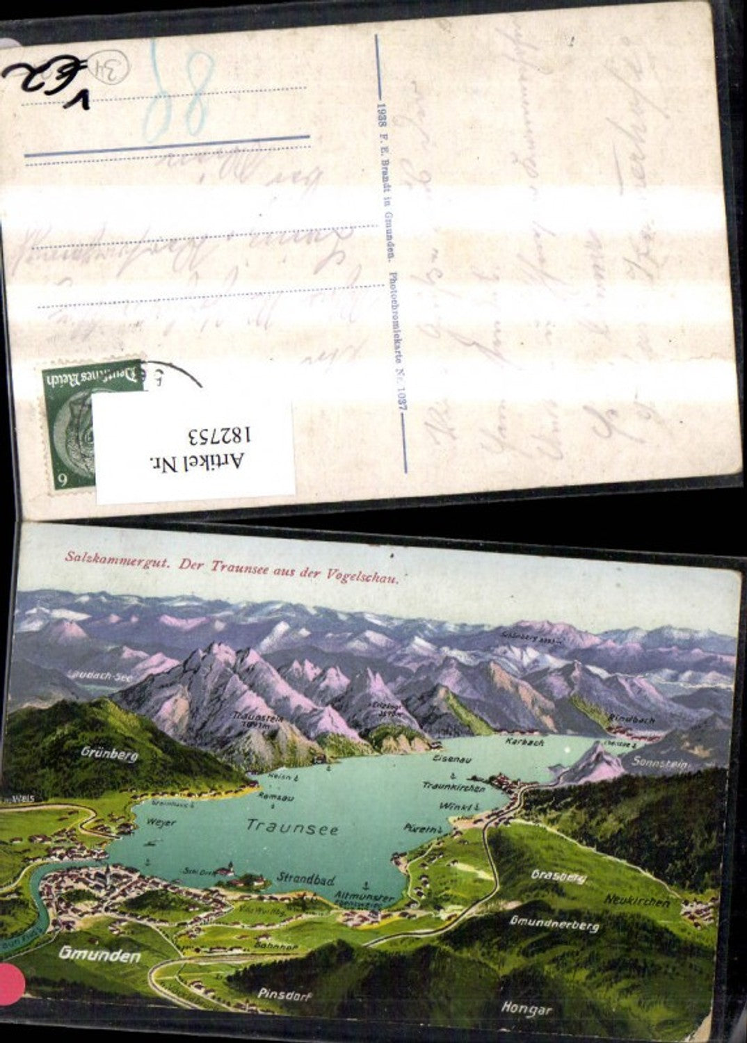 182753,Salzkammergut Traunsee a. d. Vogelschau Lagekarte pub F. E. Brandt 1037