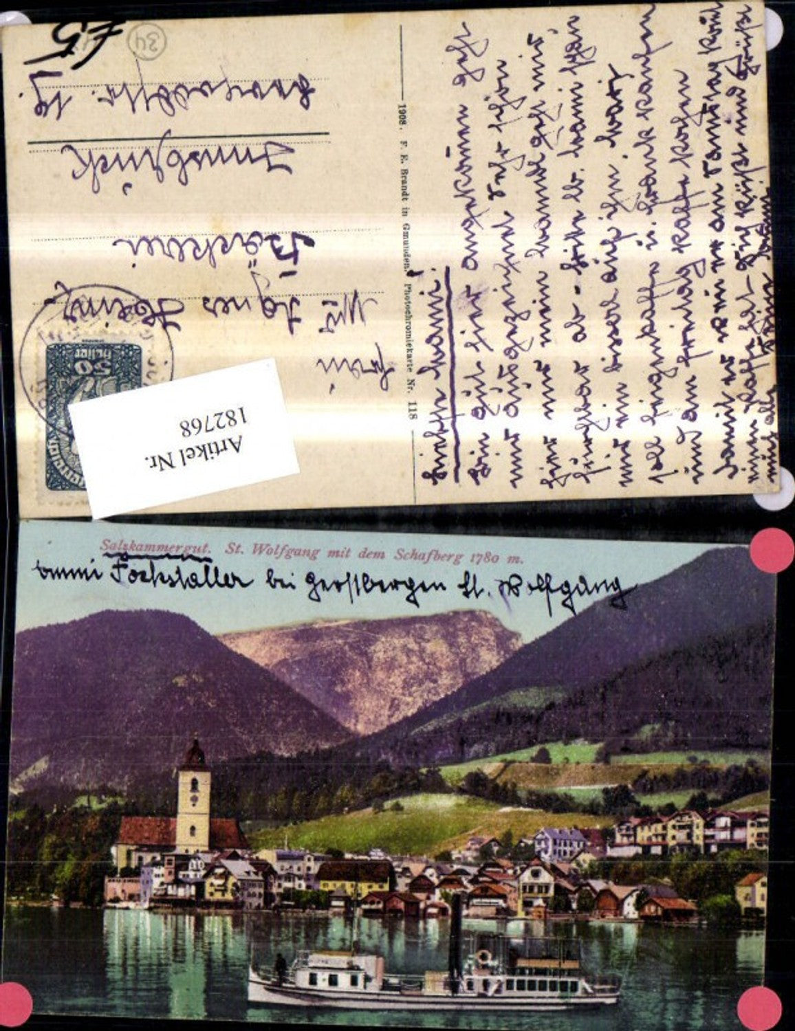 182768,St Wolfgang m. d. Schafberg Wolfgangsee Salzkammergut Schiff Dampfer pub F. E. Brandt 118