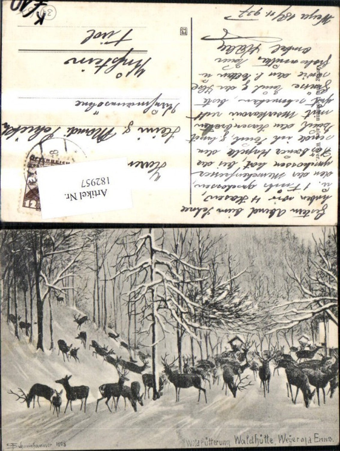 182957,Weyer a. d. Enns Wildfütterung Waldhütte Wild Reh Hirsch Künstler Ak sign Schweinhammer