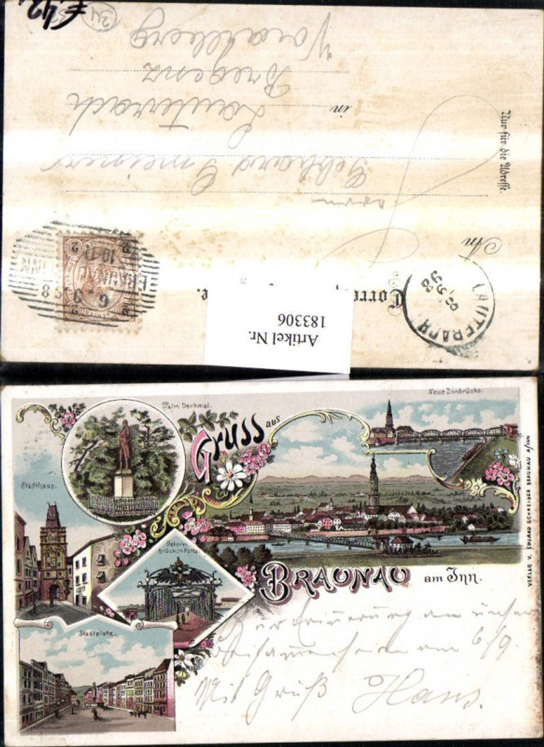 183306,Litho AK Gruß aus Braunau a. Inn Neue Innbrücke Palm Denkmal Stadthaus Brücken Portal Stadtplatz Mehrbildkarte