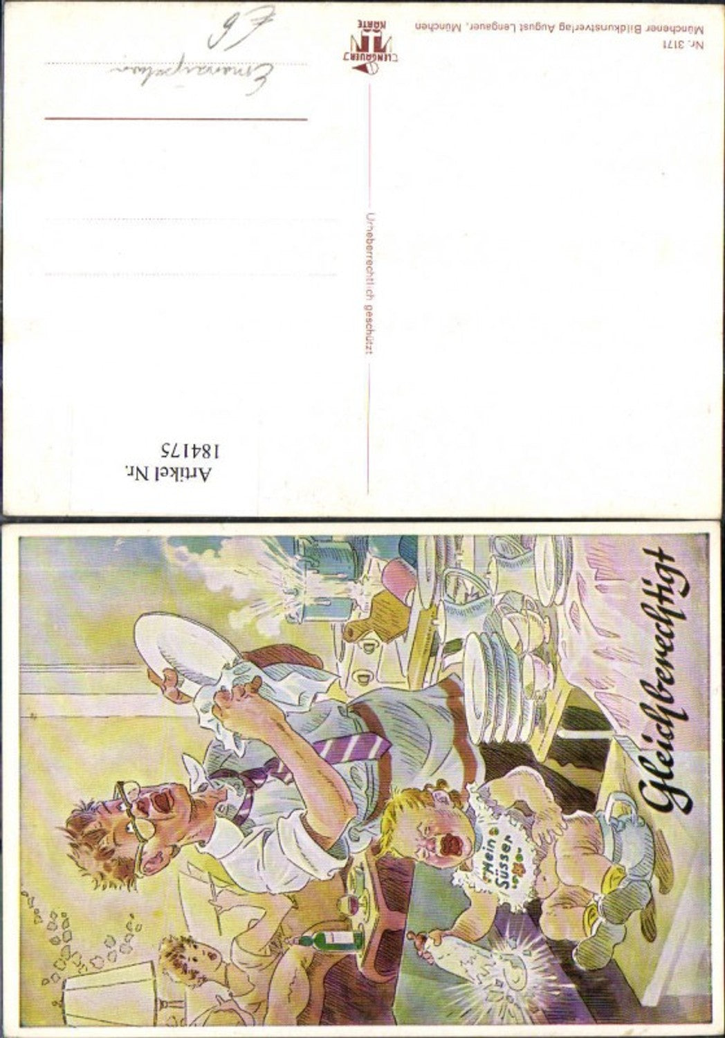 184175,Scherz Humor Gleichberechtigt Frau entspannt a. Sofa Mann reinigt Geschirr Baby a. Topf Emanzipation