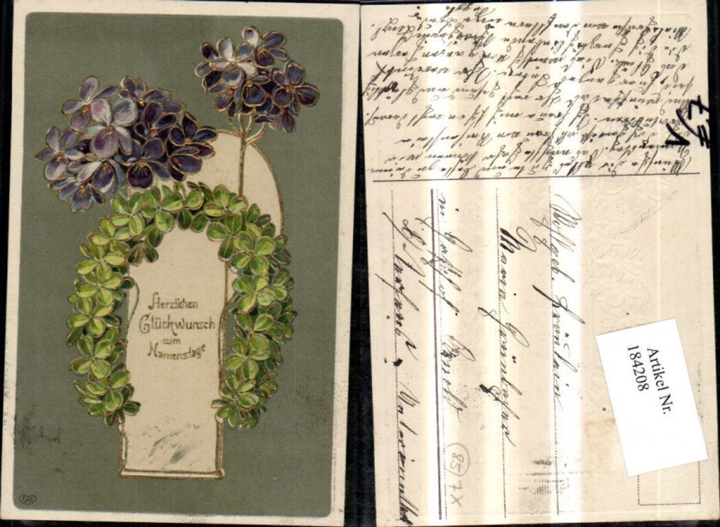 184208,Namenstag Präge Ak Klee Kleeblattranke Blumen Goldverzierung pub EAS