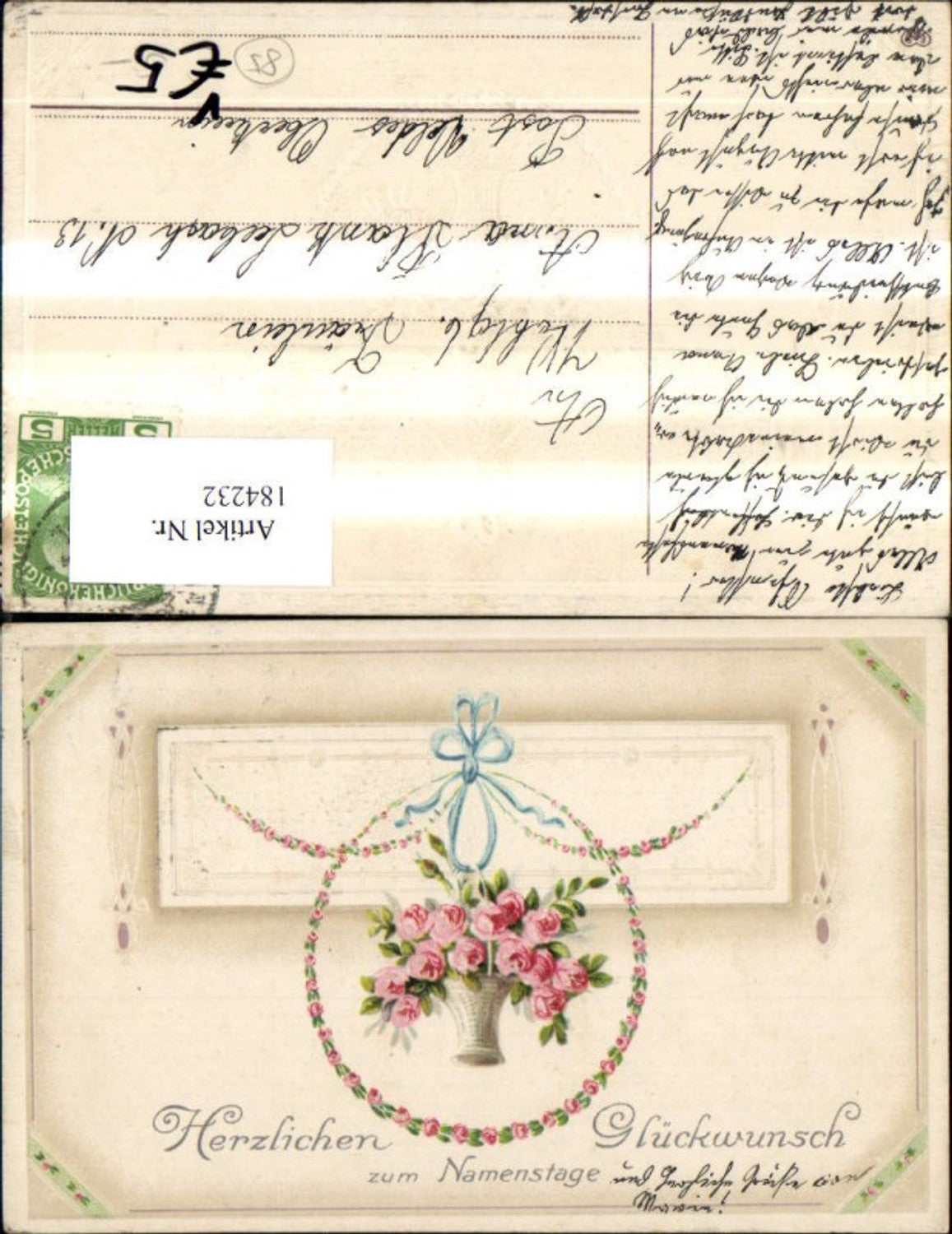 184232,Namenstag Präge Ak Blumenranke Korb m. Rosen Schleife Passepartout pub EAS