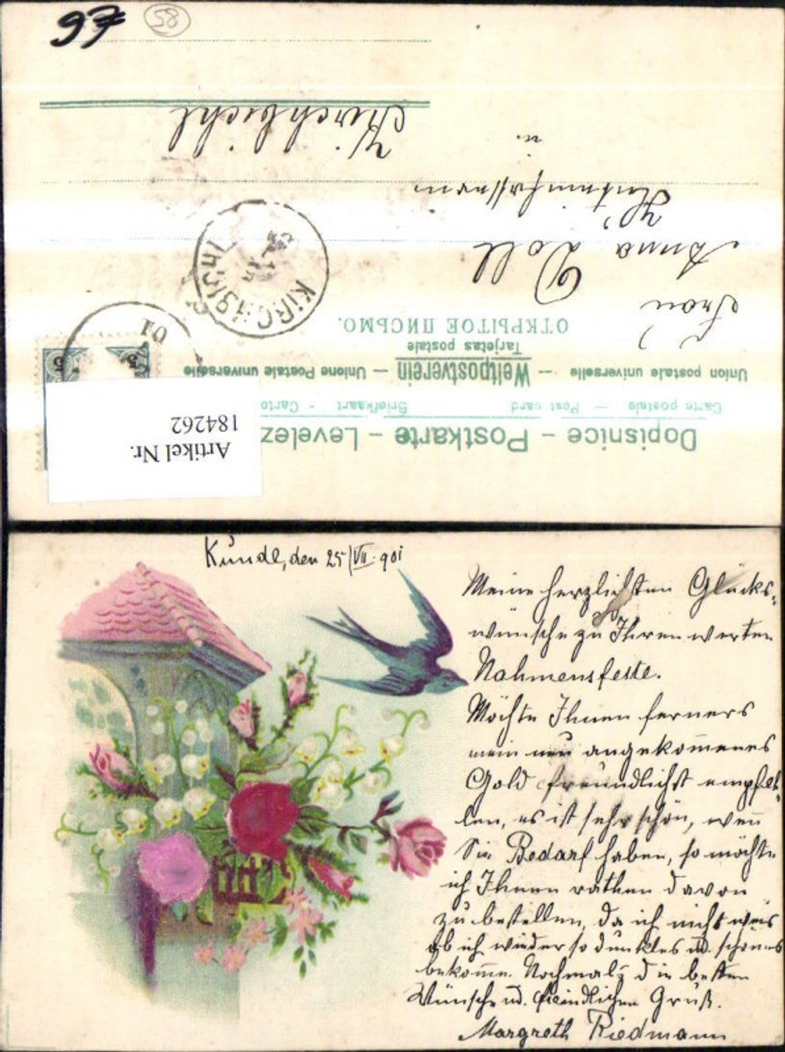 184262, Congratulations embossed postcard house fabric roses flowers swallow