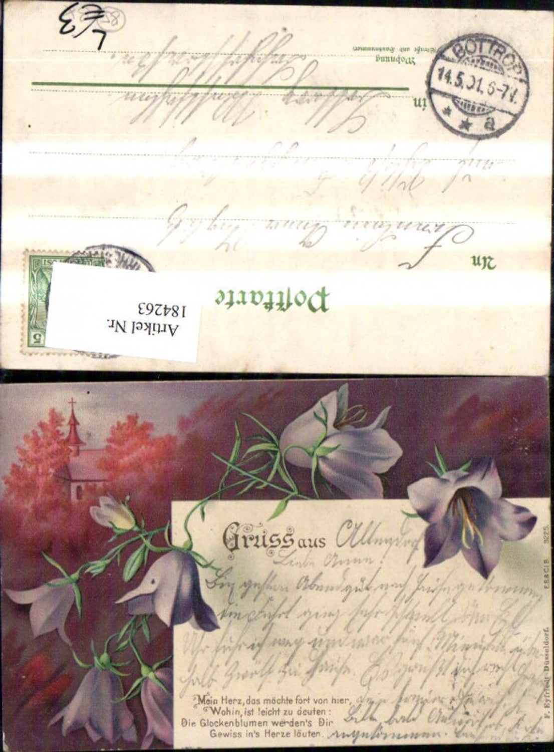 184263, Congratulations Lithograph Greeting Bellflowers Flowers from Landscape Church