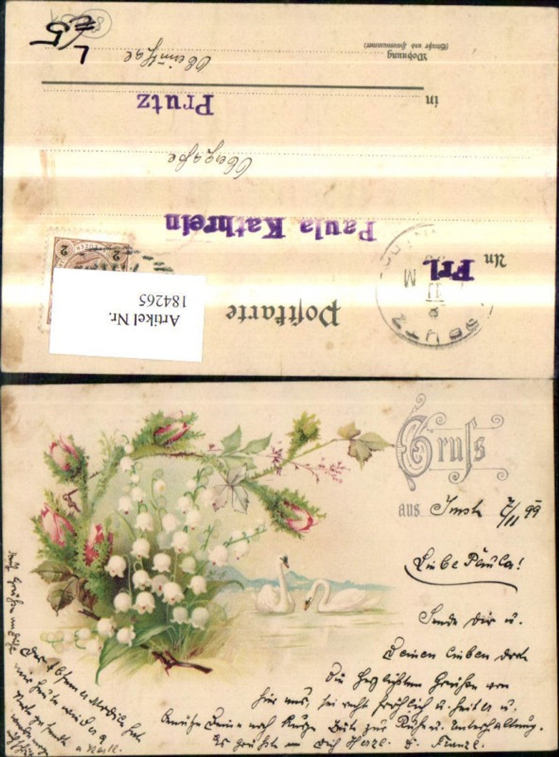 184265, Congratulations Lithograph Greeting Flowers Swans on a Lake Lily of the Valley Rose