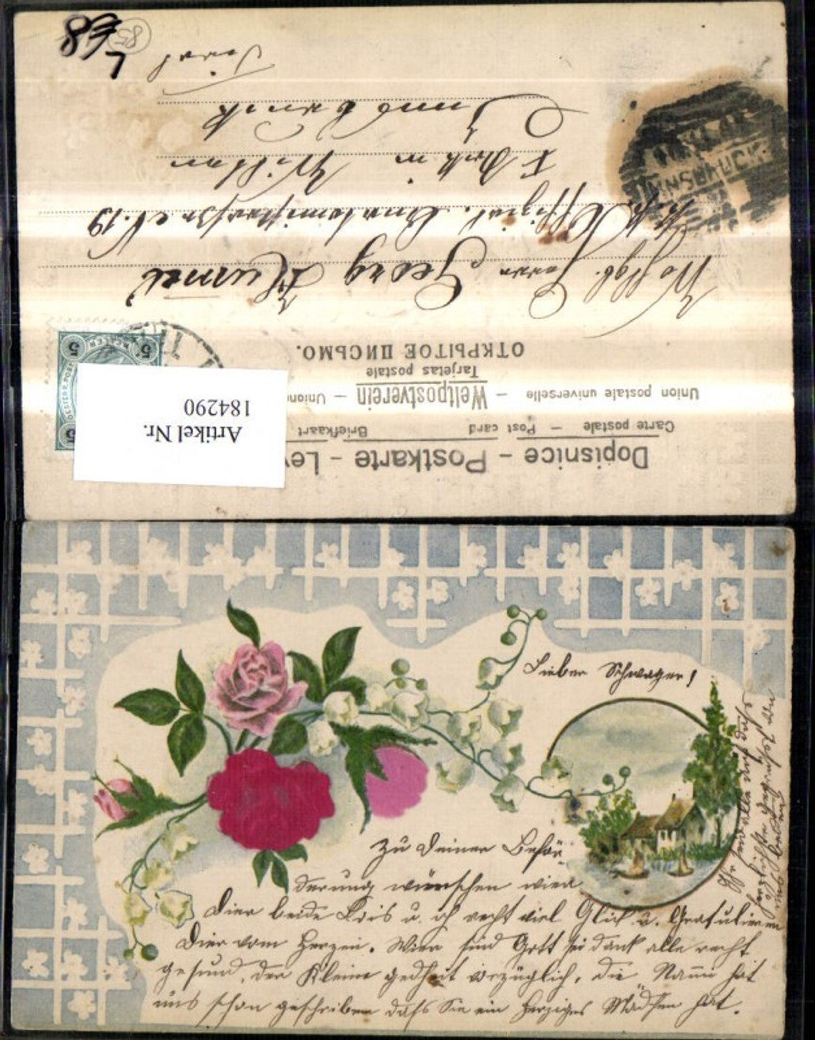 184290,Gückwunsch Präge Litho Blumen Stoffrosen Rosen Landschaft i. Rahmen