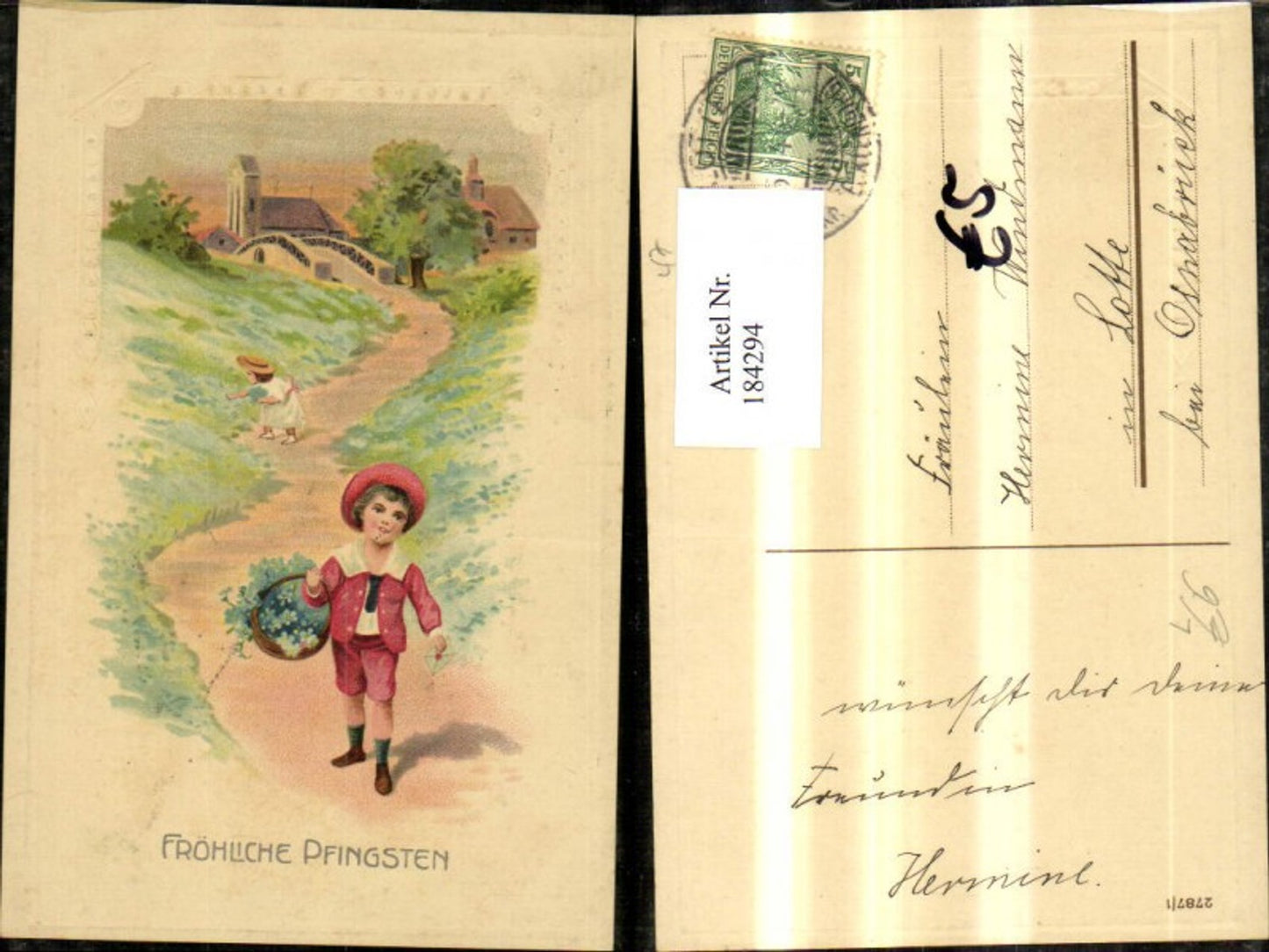 184294, Pentecost embossing lithograph, young children on a path with a flower basket, letter, flowers