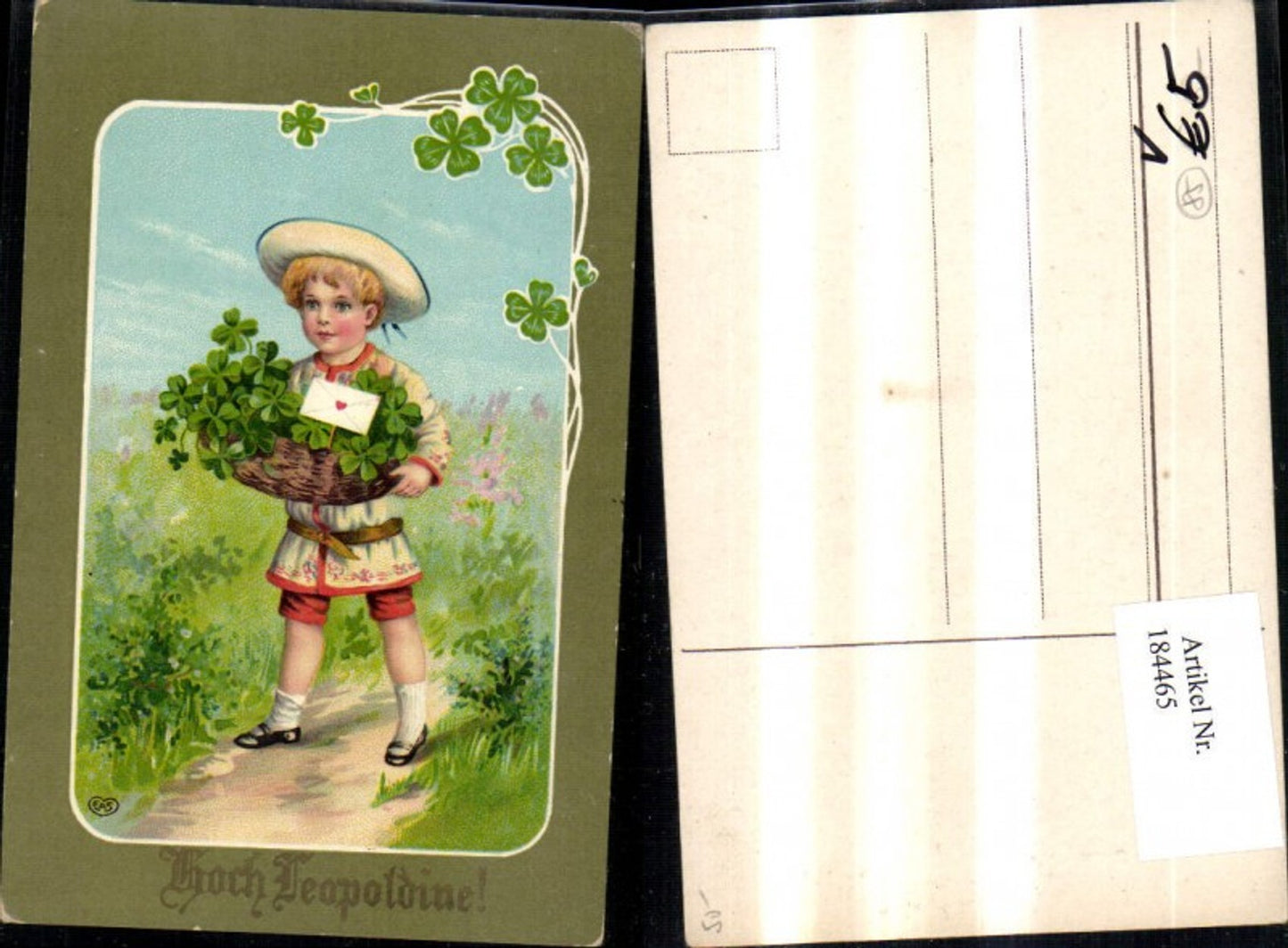 184465,Namenstag Junge Bub i. Matrosenanzug Korb m. Brief u. Klee Hoch Leopoldine pub EAS