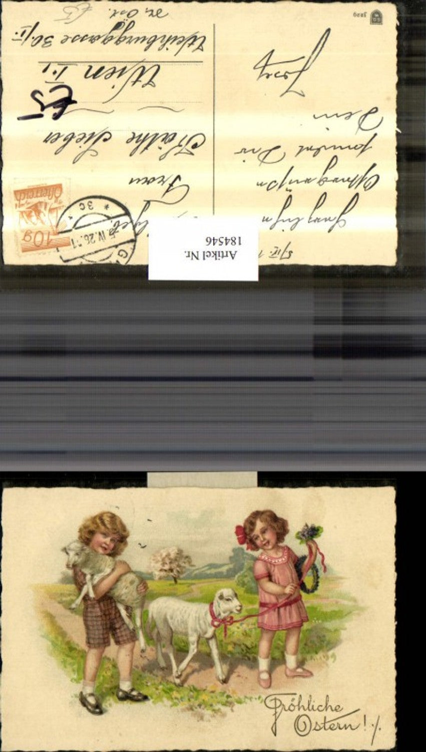 184546, Easter children with sheep, ribbon, flowers, landscape
