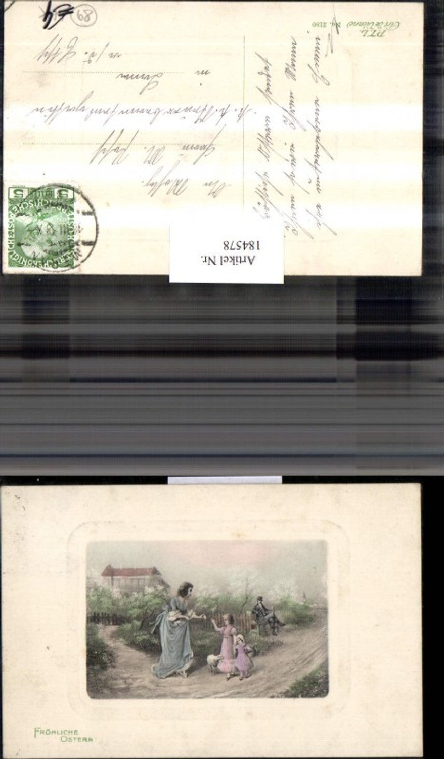 184578,Ostern Präge AK Frau m. Kinder Schaf Weg Mann auf Sitzbank