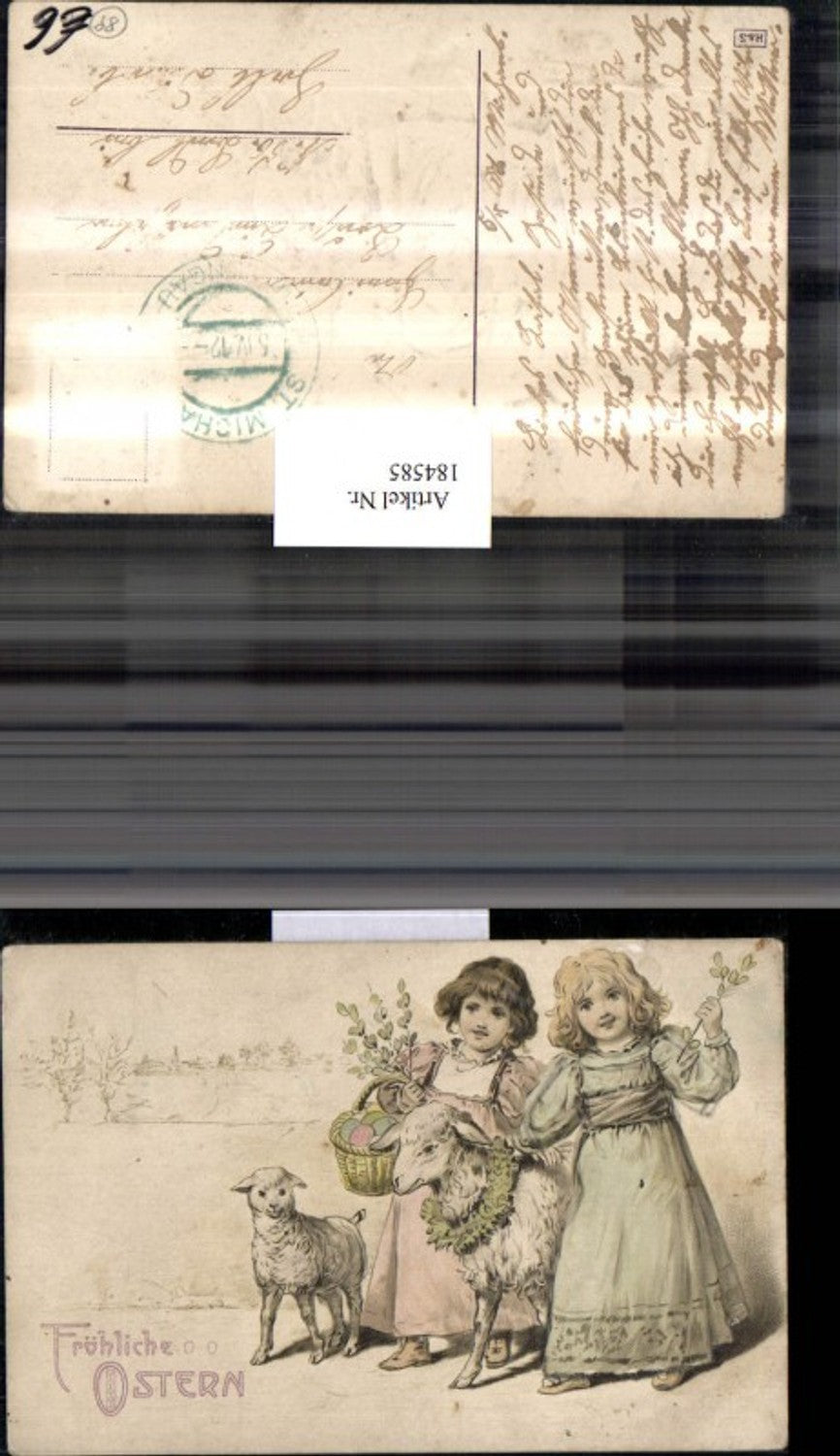 184585,Ostern Präge AK Kinder m. Kleid Korb Ostereier Schafe