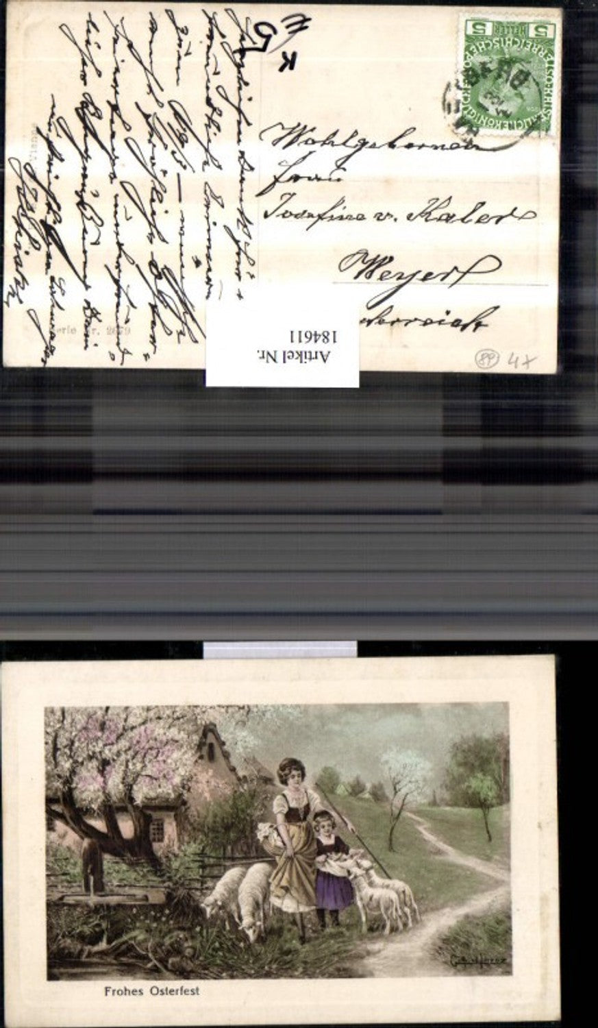 184611, Easter, artist, postcard, signed Gottfried Lorenz, woman with child, sheep, landscape