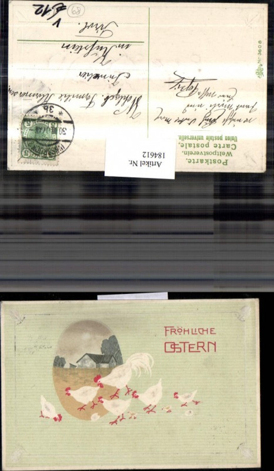 184612, Easter embossing AK chickens rooster chicks egg landscape pub Erika 3608