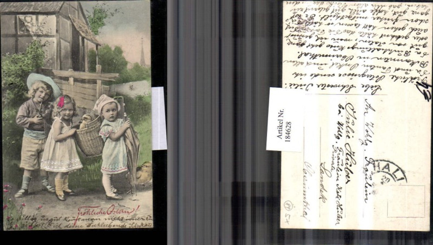 184628,Ostern Kinder m. Korb Schirm Pfeife Küken Haus
