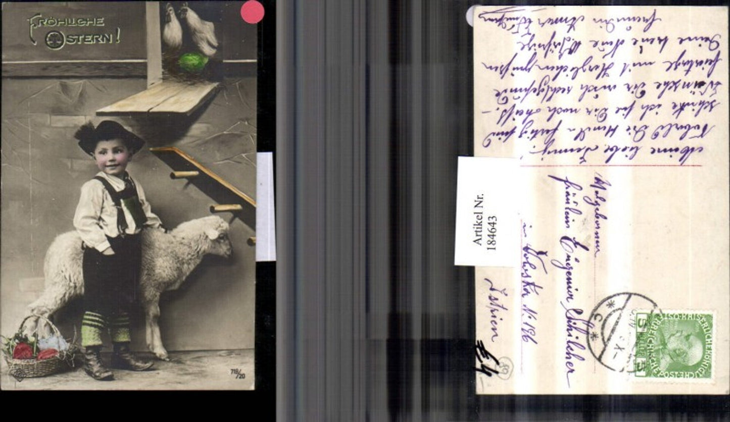 184643,Ostern Junge m. Hut Schaf Korb Hühner Ei