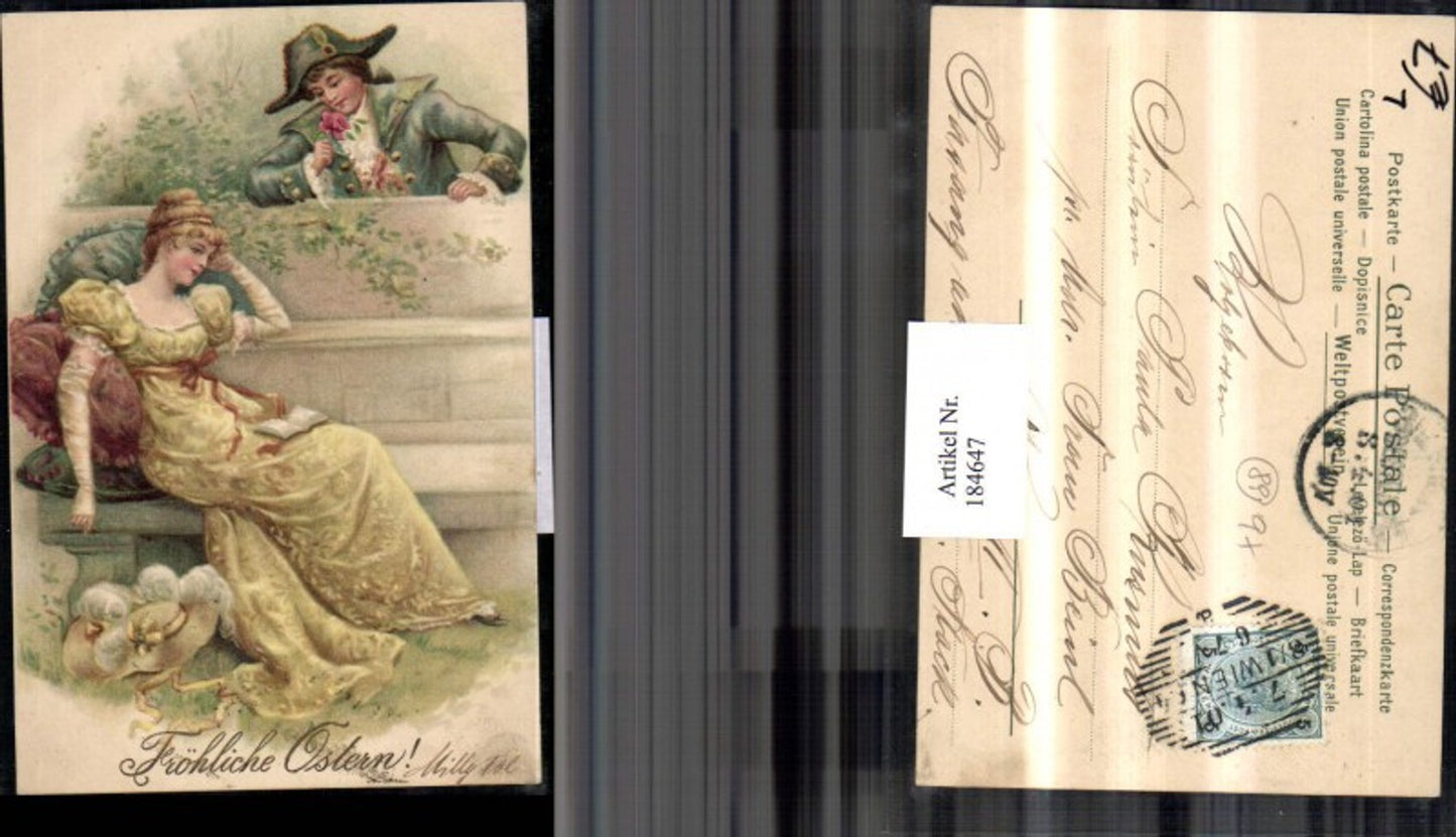 184647,Ostern Litho AK Frau m. Kleid Hut Sitzbank Mann m. Rose