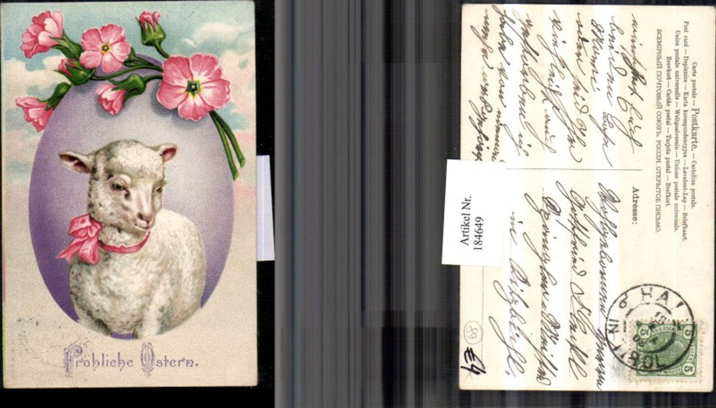 184649,Ostern Schaf m. Schleife Blumen Osterei Ei