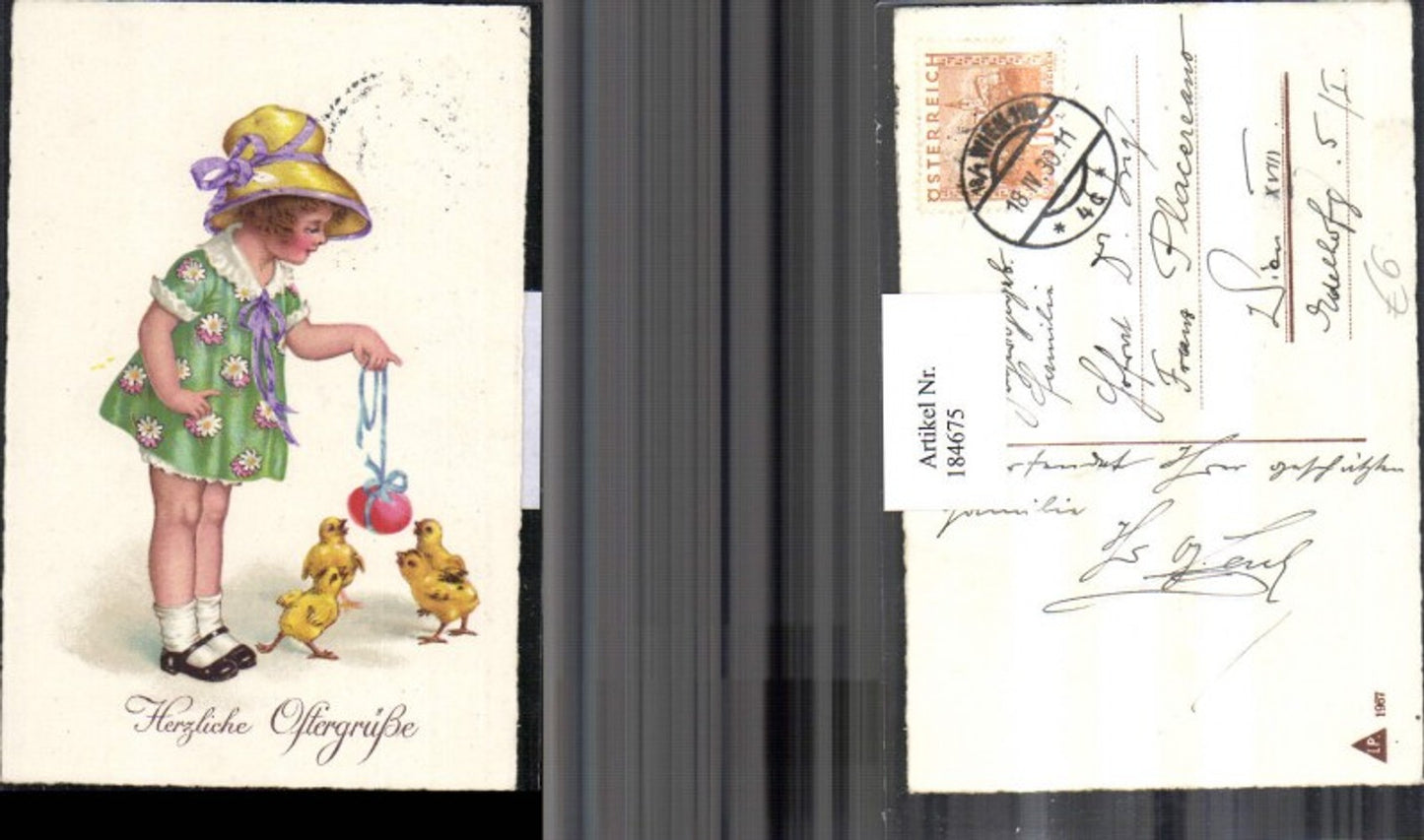 184675,Ostern Mädchen m. Hut u. Kleid Schleife Küken Osterei