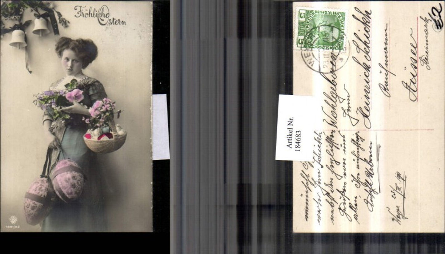 184683, Easter woman with dress, flowers, basket, eggs, bells