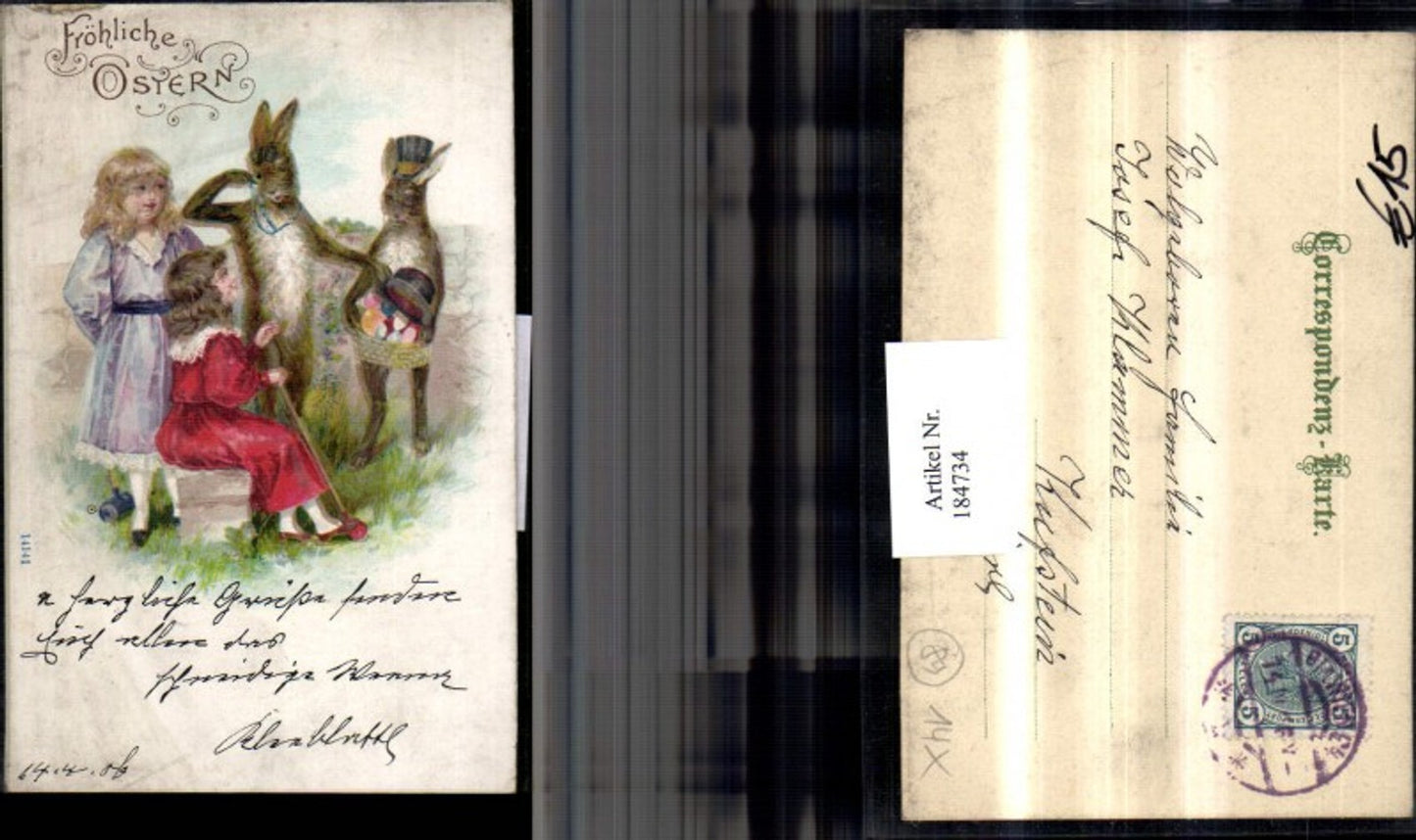 184734,Ostern Präge AK Mädchen m. Kleid Hasen vermenschlicht Zylinder Hut bunte Eier