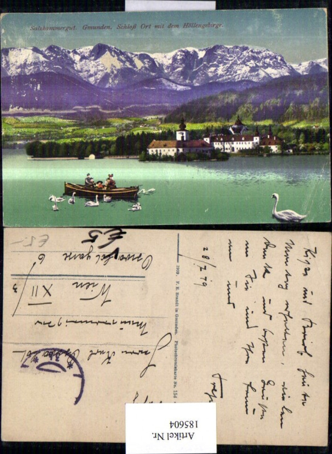 185604,Salzkammergut Gmunden Schloss Orth m. d. Höllengebirge Boot Schwäne pub Brandt 154