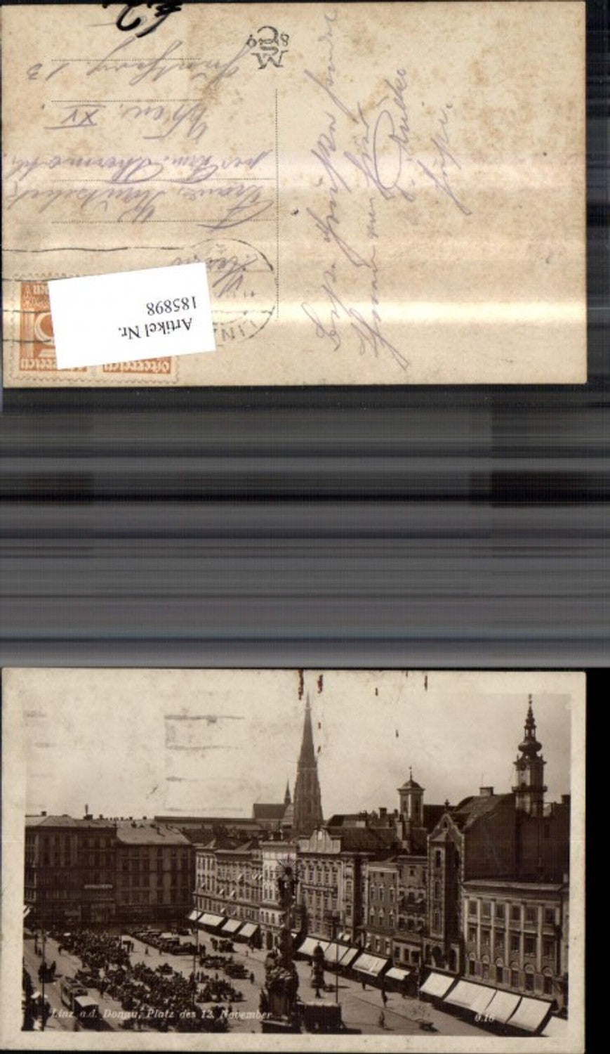 185898,Linz Hauptplatz m. Personen Strassenbahn Säule Foto Ak