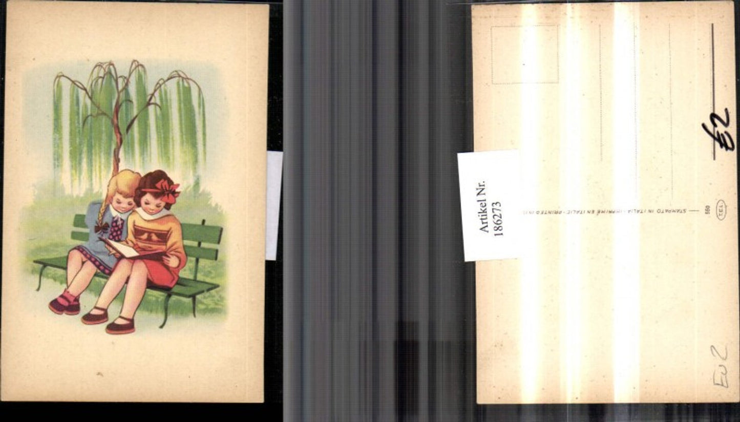 186273,Mädchen auf d. Sitzbank b. Lesen Weide Baum