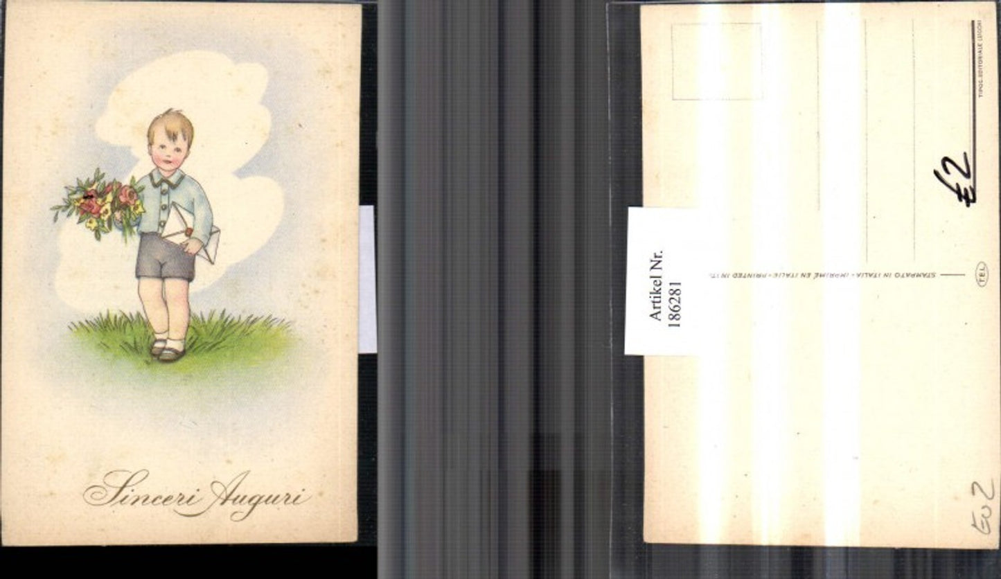 186281, Boy with letter, bouquet of flowers, meadow