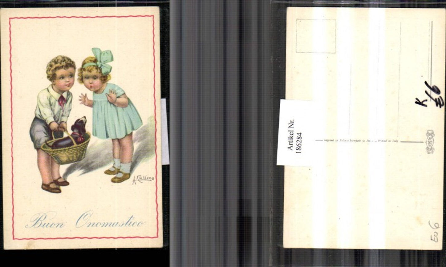 186284,Künstler AK A. Collino Junge m. Korb Hund Mädchen m. Kleid Masche