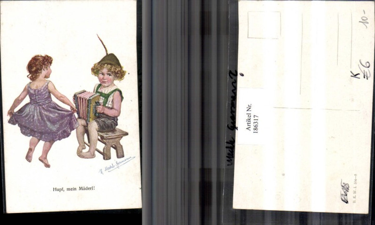 186317,Künstler AK H. Mechle Grossmann Mädchen m. Kleid Junge m. Hut Zieharmonika
