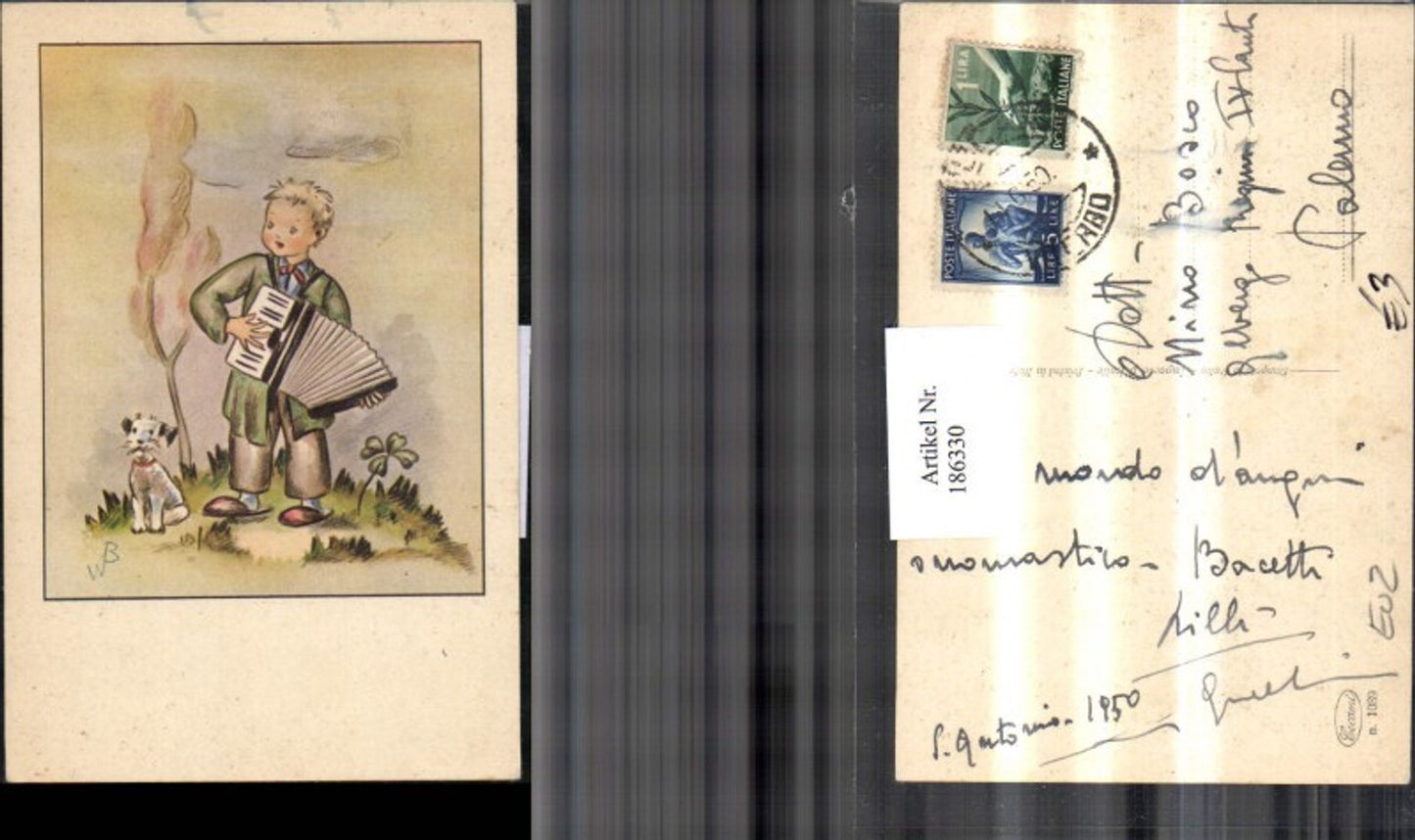 186330, Boy with accordion, dog, clover