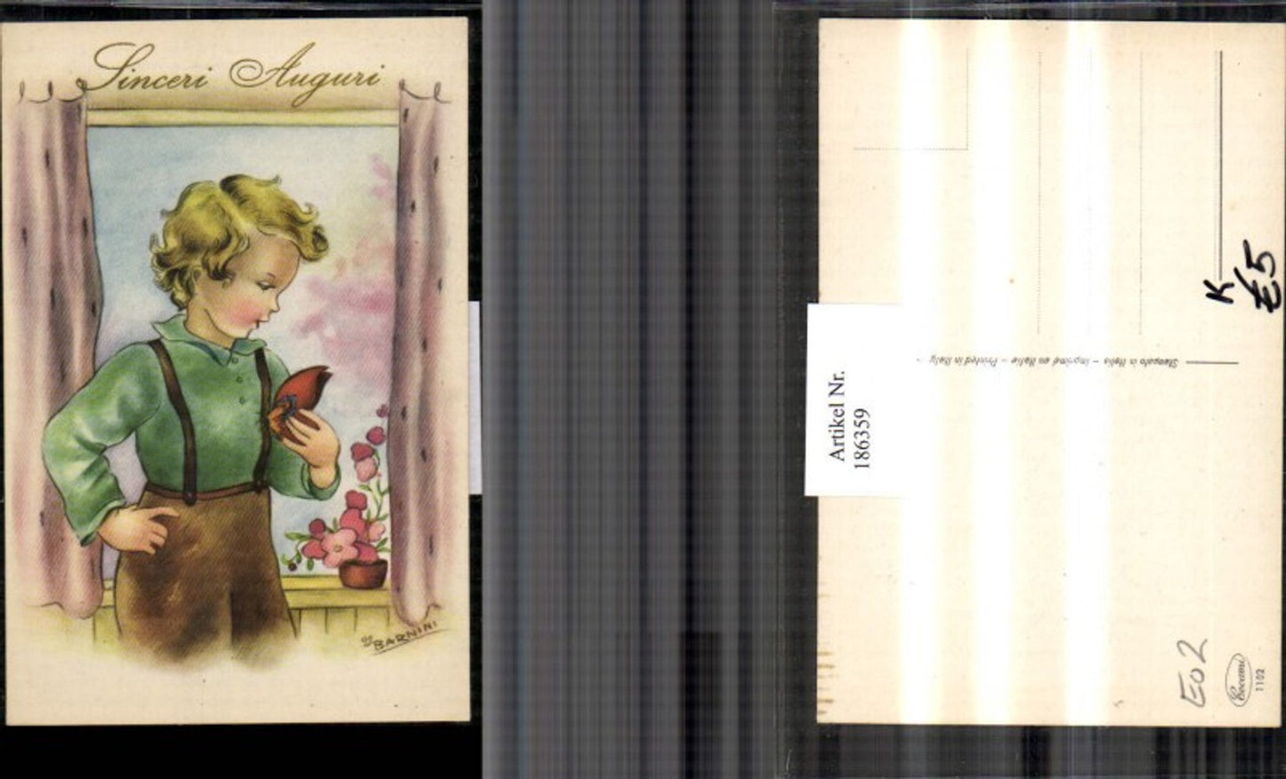 186359,Künstler AK Barnini Junge Schmetterling Blumen Fenster