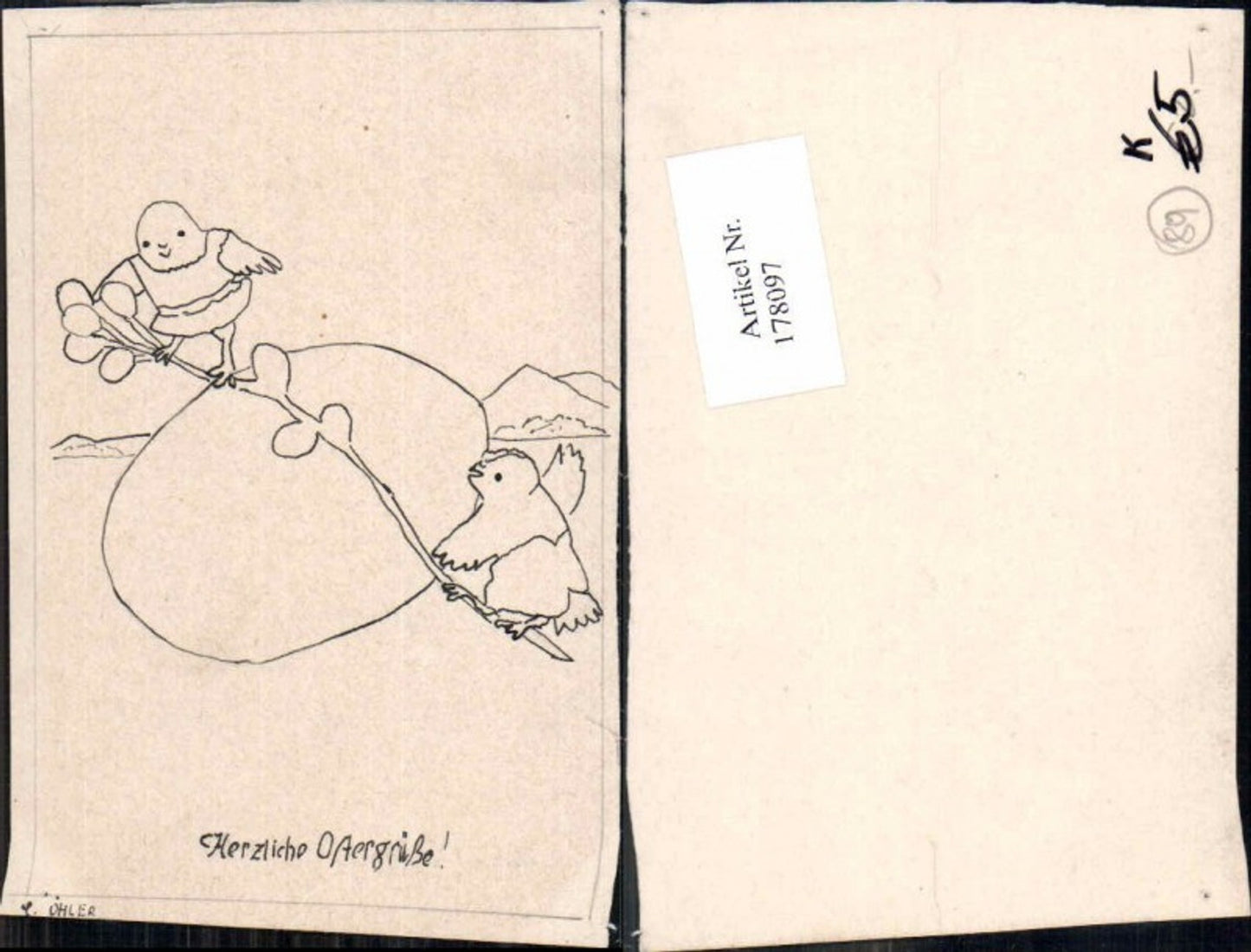 178097,Künstler AK C. Öhler Ostern Küken Ei wippen auf Ast