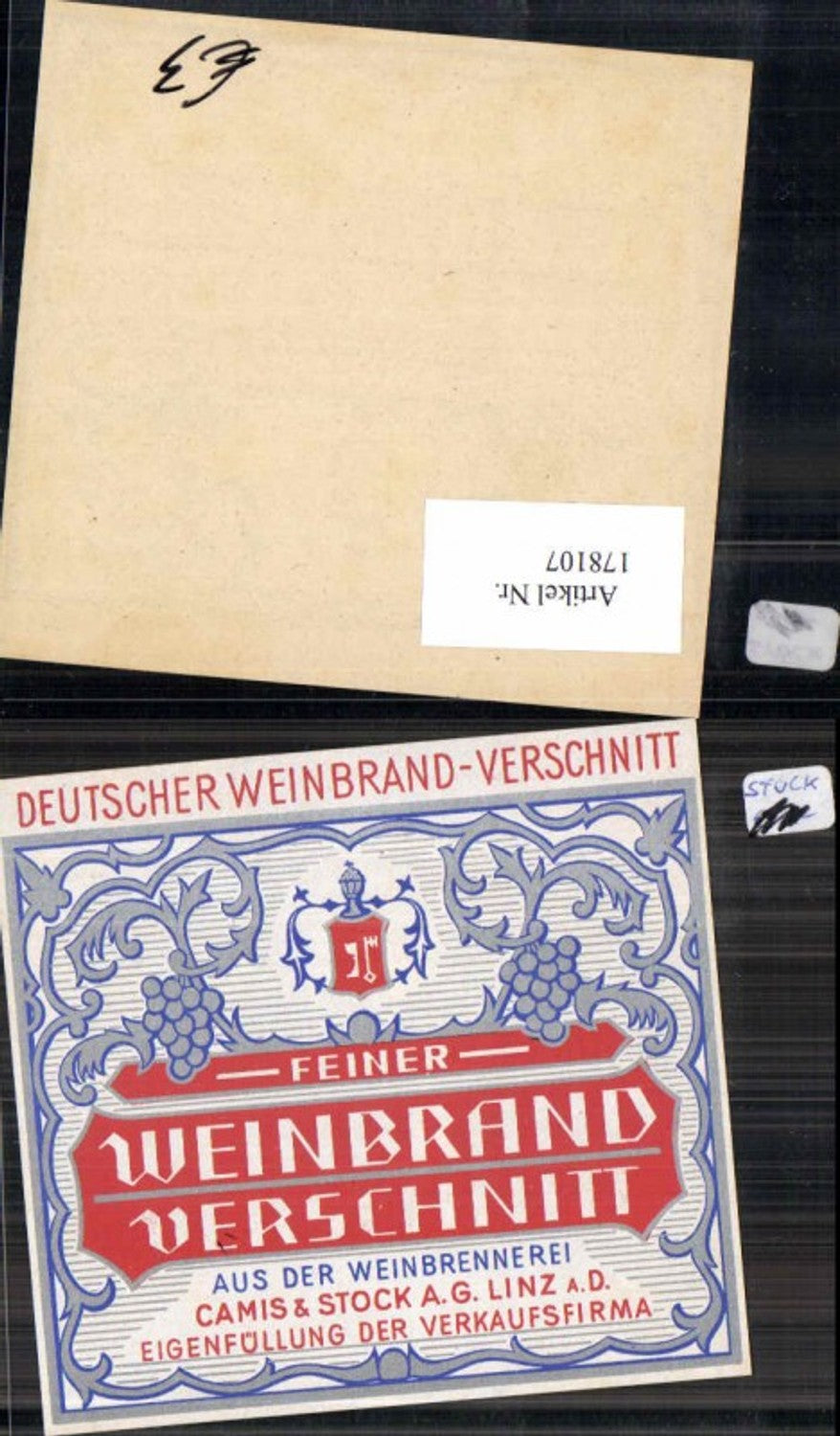 178107,Reklame Werbung Deutscher Weinbrand Camis & Stock Linz