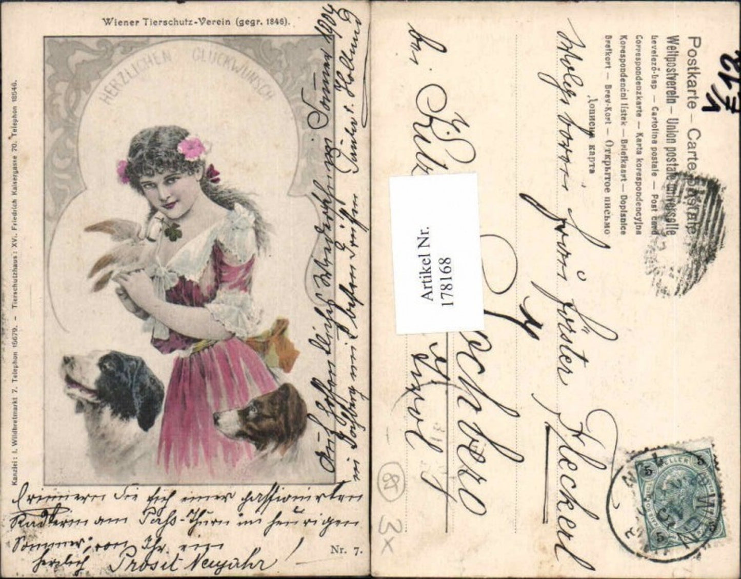 178168,Litho Wiener Tierschutzverein Nr. 7 Wien Mädchen Hund Hunde Vogel